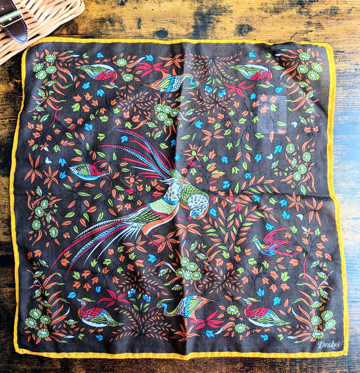 Drake's Brown Birds of Paradise Print Wool-Silk Pocket Square - image 2