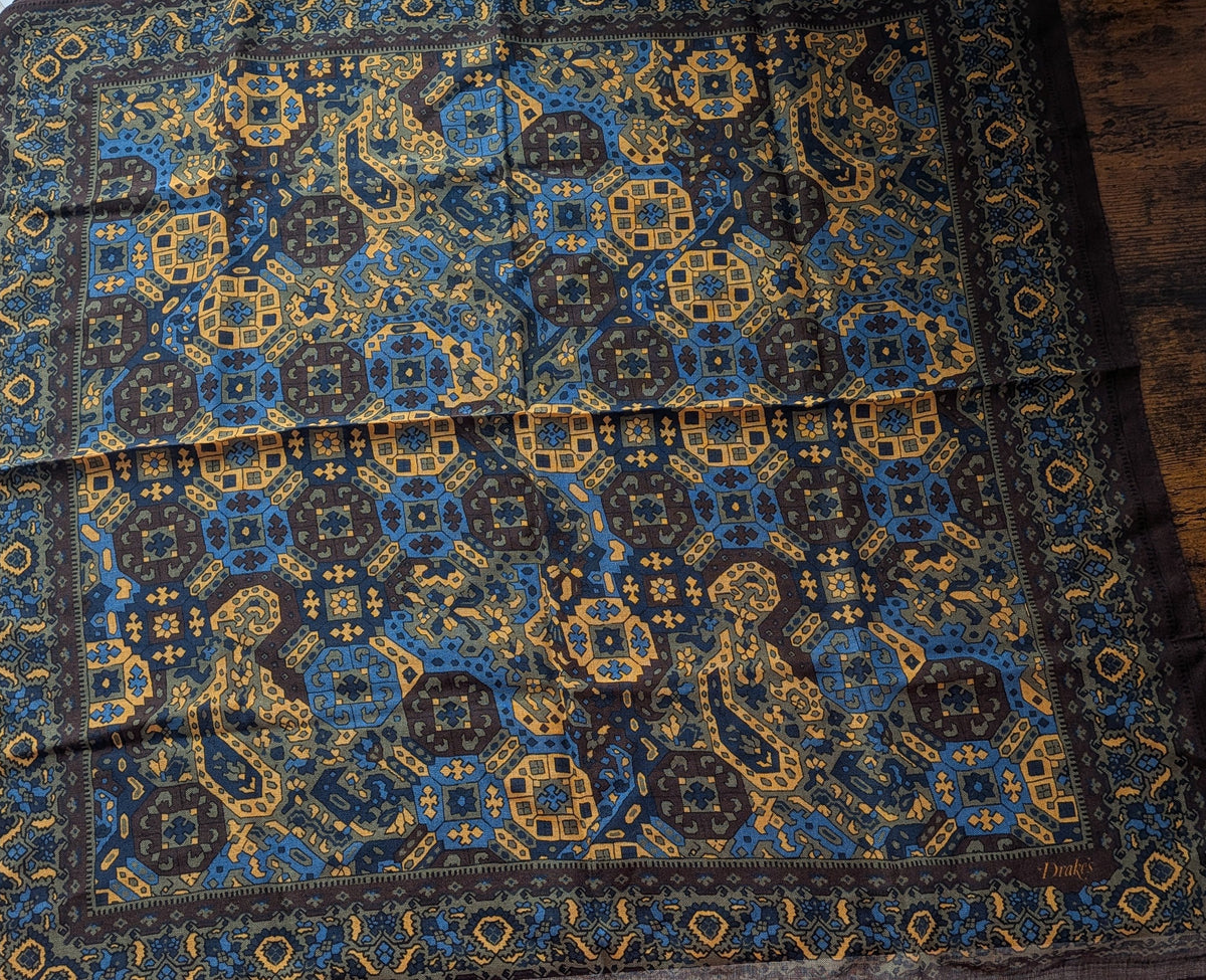 Drake's brown blue tapestry print wool silk bandana detail view 4