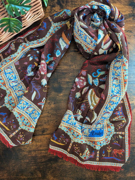 Drake's Brown Classic Mughal Print Wool Silk Scarf - image 1