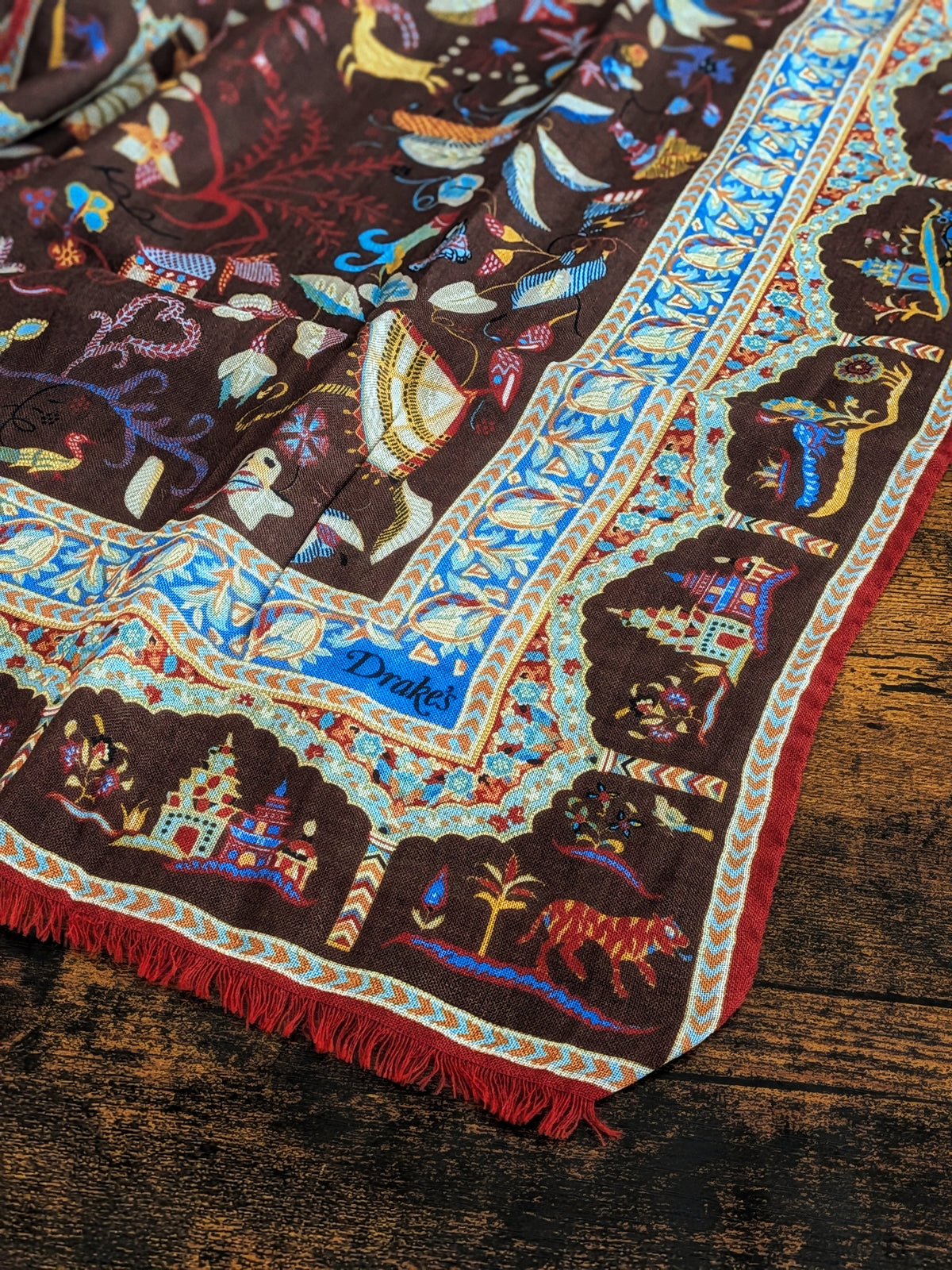 Drake's Brown Classic Mughal Print Wool Silk Scarf - image 2