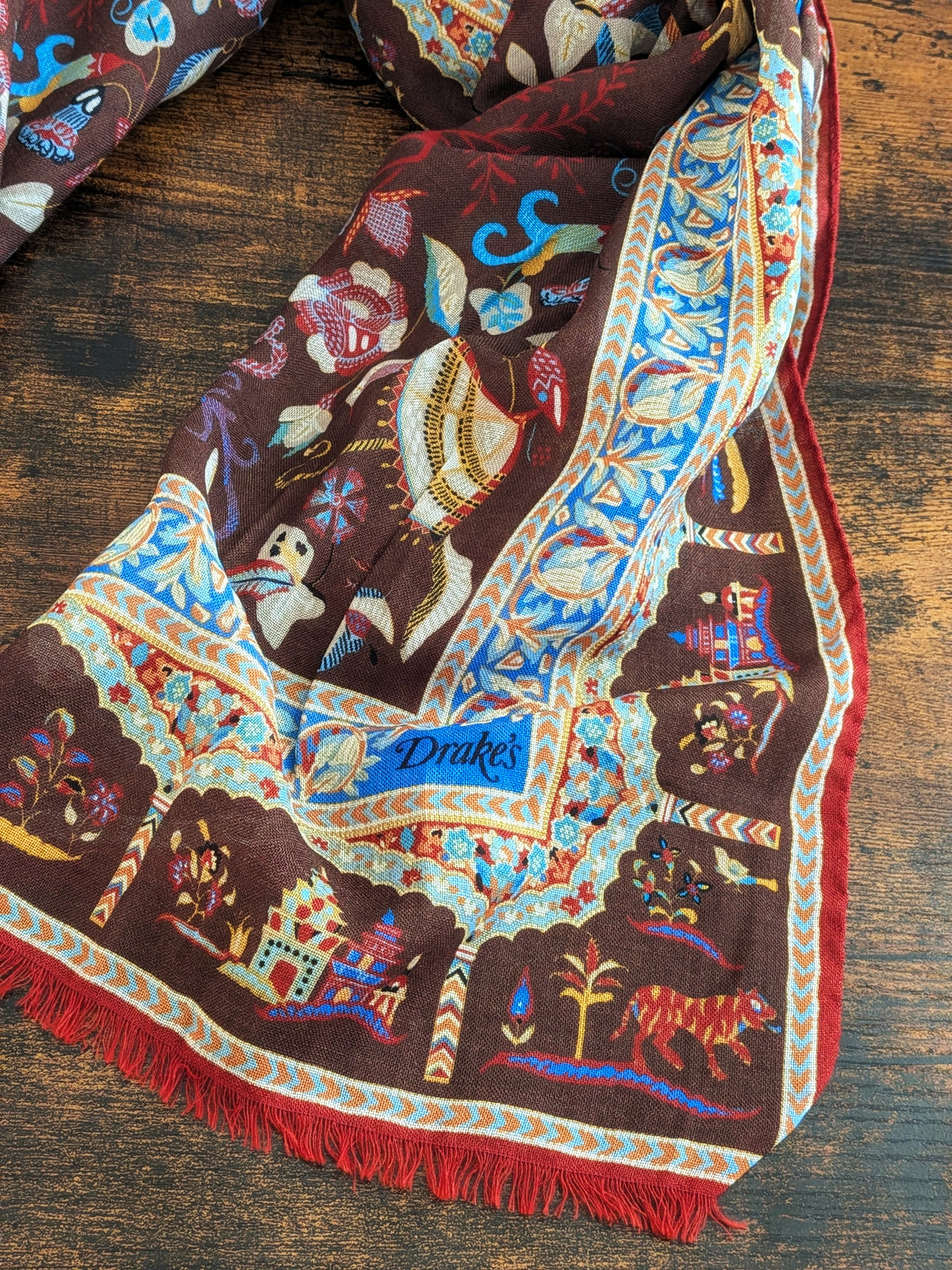 Drake's Brown Classic Mughal Print Wool Silk Scarf - image 4