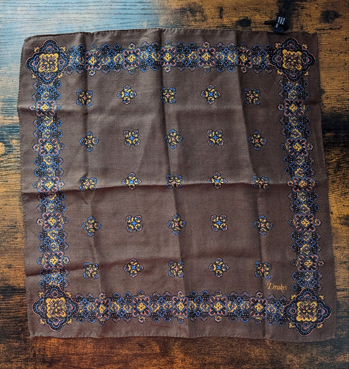 Drake's brown kilim print wool silk pocket square detail view 2