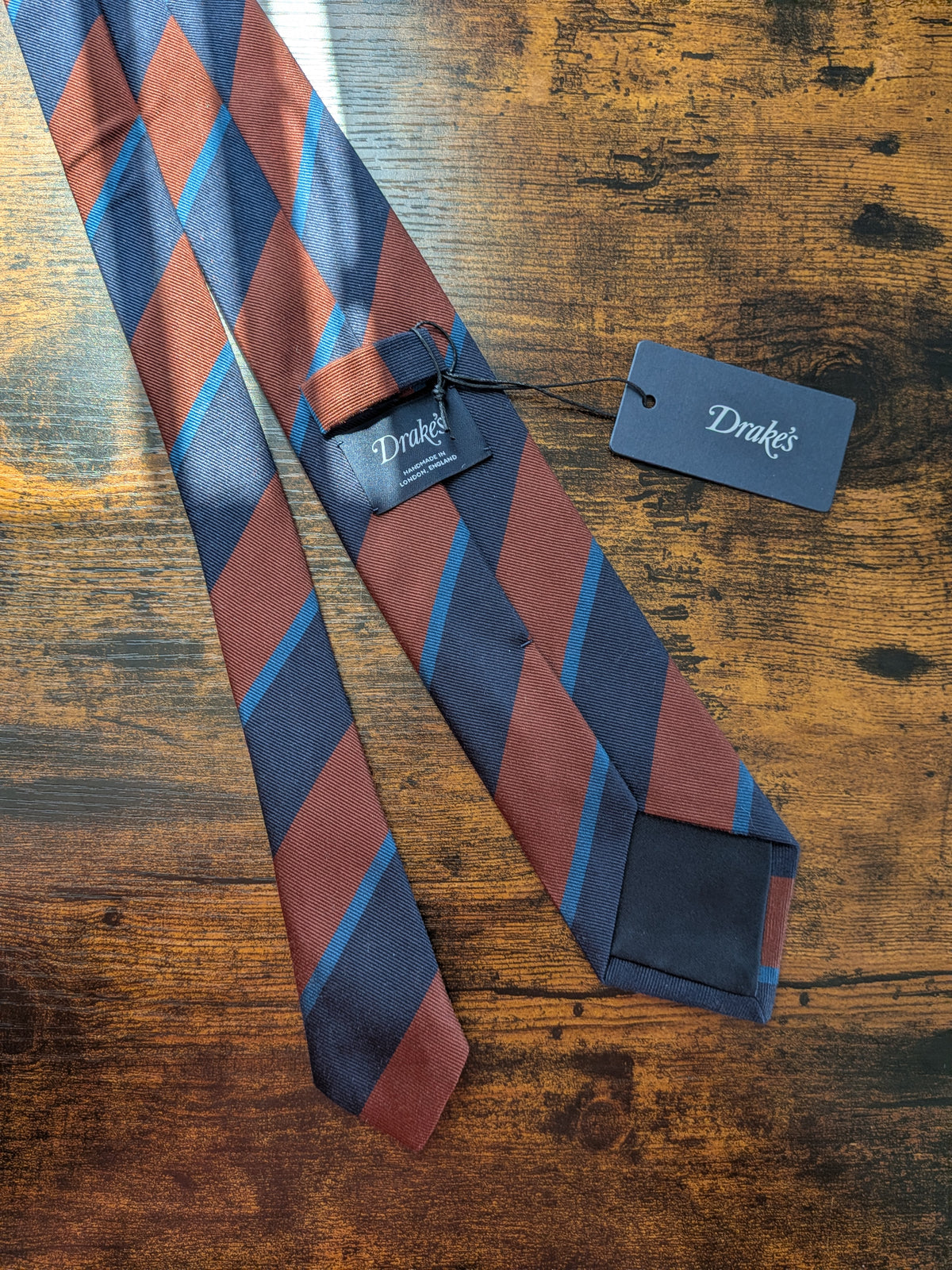 Drake's brown navy blue multicoloured striped handmade silk tie detail view 2