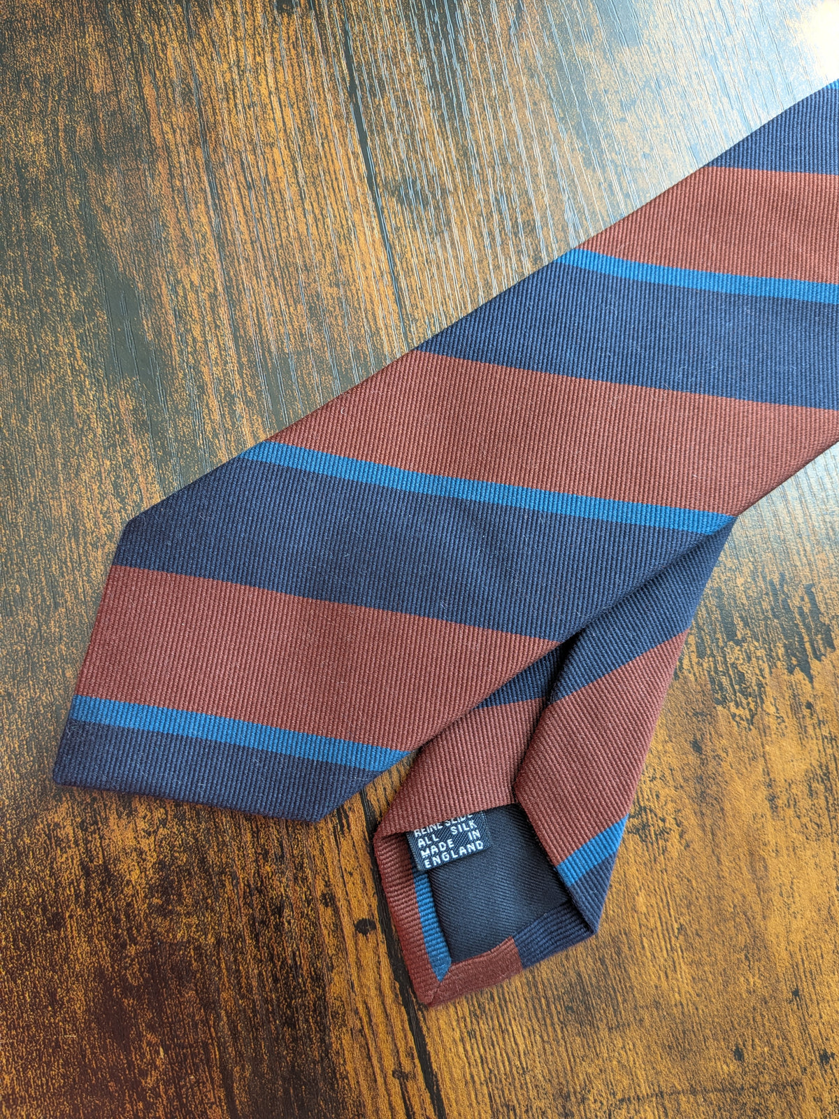 Drake's brown navy blue multicoloured striped handmade silk tie detail view 3