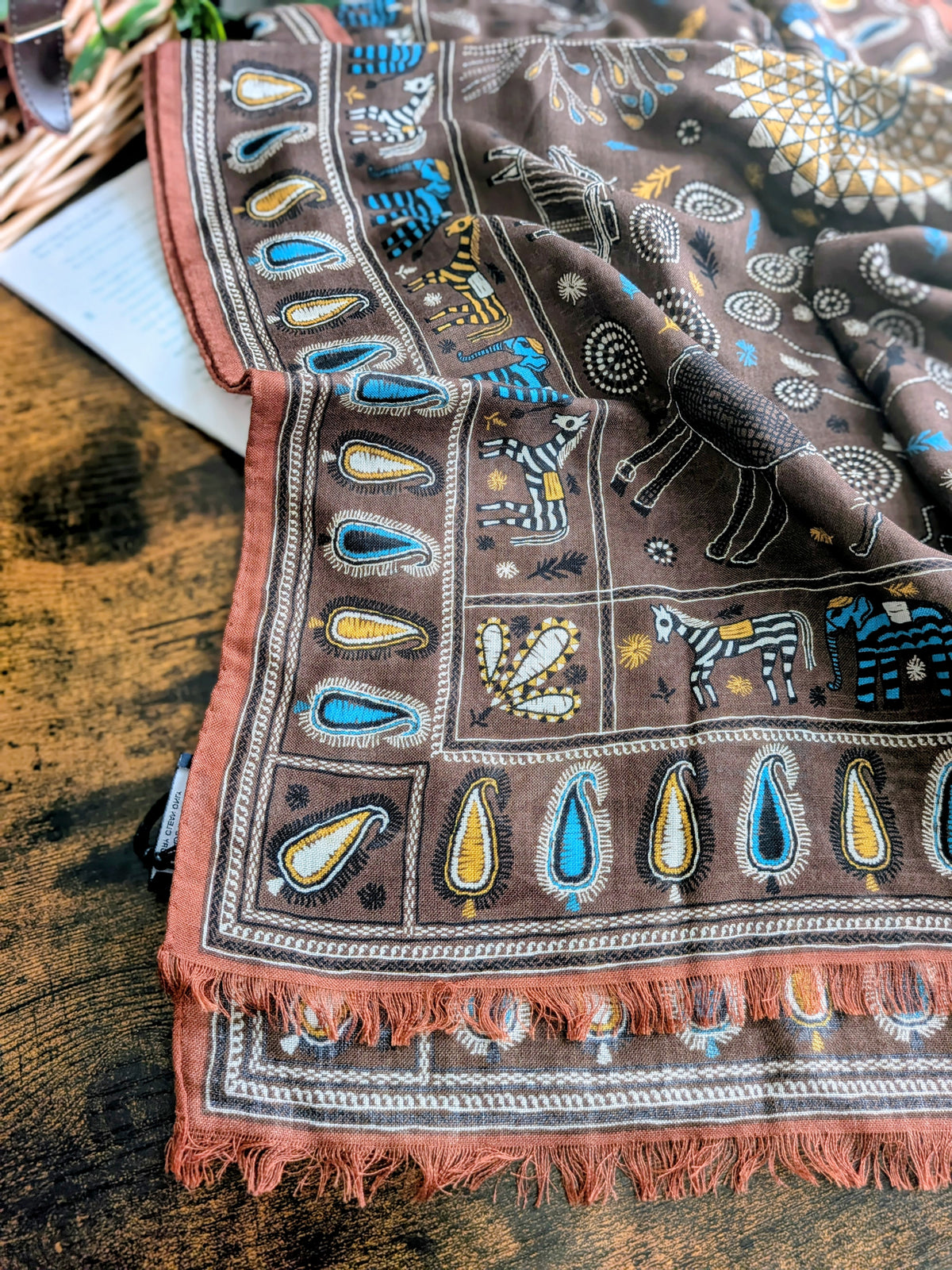 Drake's Brown Rustic Elephant Print Wool-Silk Scarf - image 1