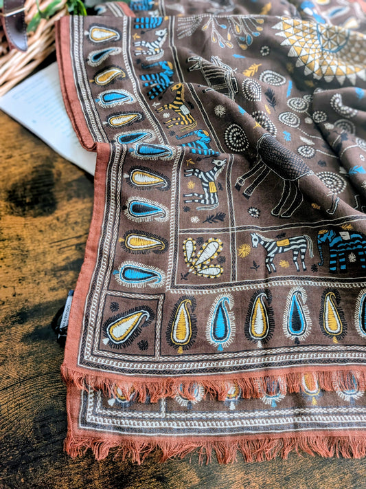 Drake's Brown Rustic Elephant Print Wool-Silk Scarf - image 1