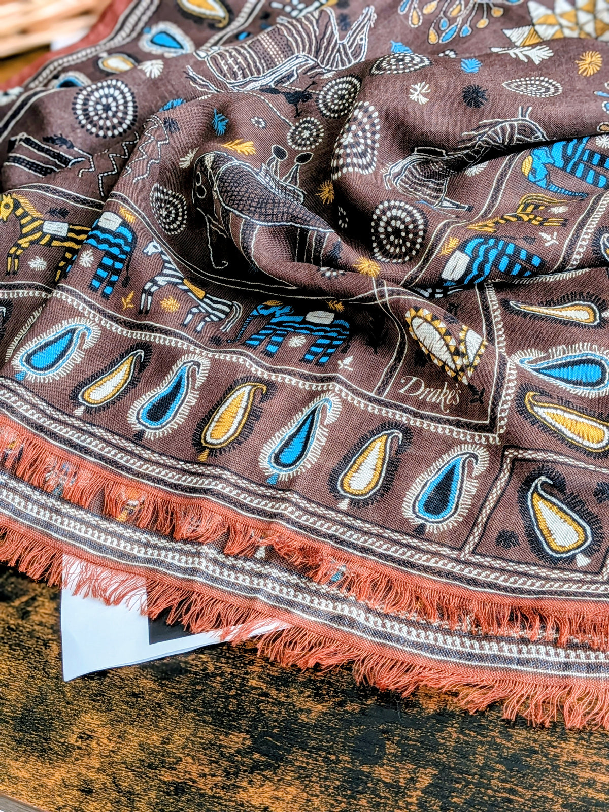 Drake's Brown Rustic Elephant Print Wool-Silk Scarf - image 2