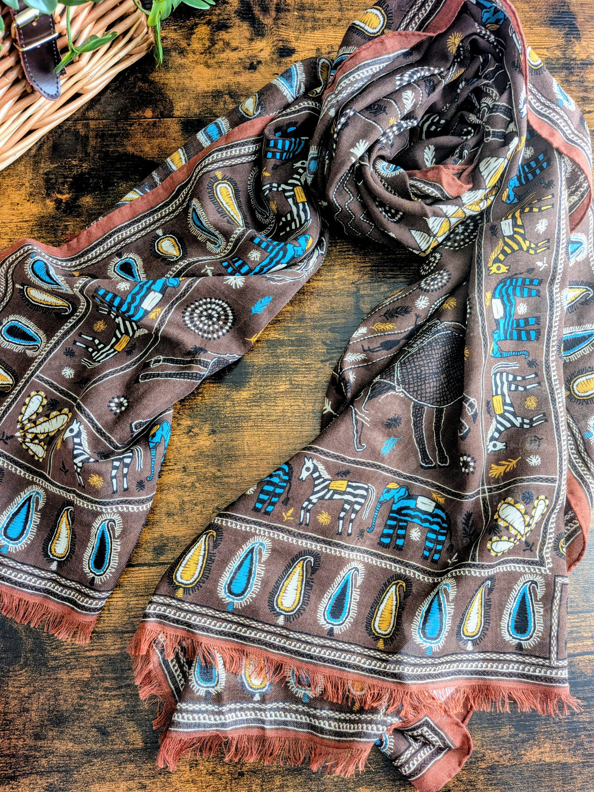 Drake's Brown Rustic Elephant Print Wool-Silk Scarf - image 4