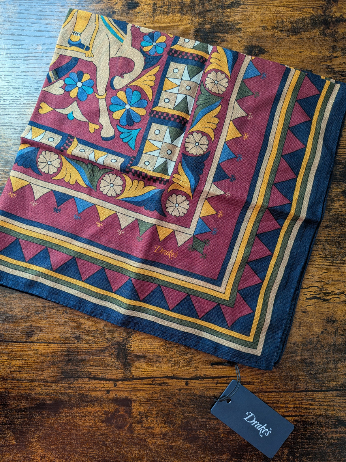 Drake's burgundy buddhist rider print wool silk bandana detail view 3