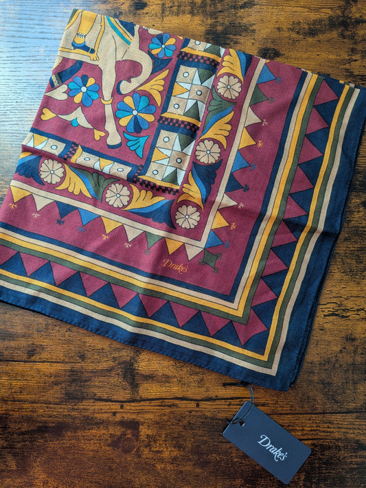 Drake's burgundy buddhist rider print wool silk bandana detail view 3