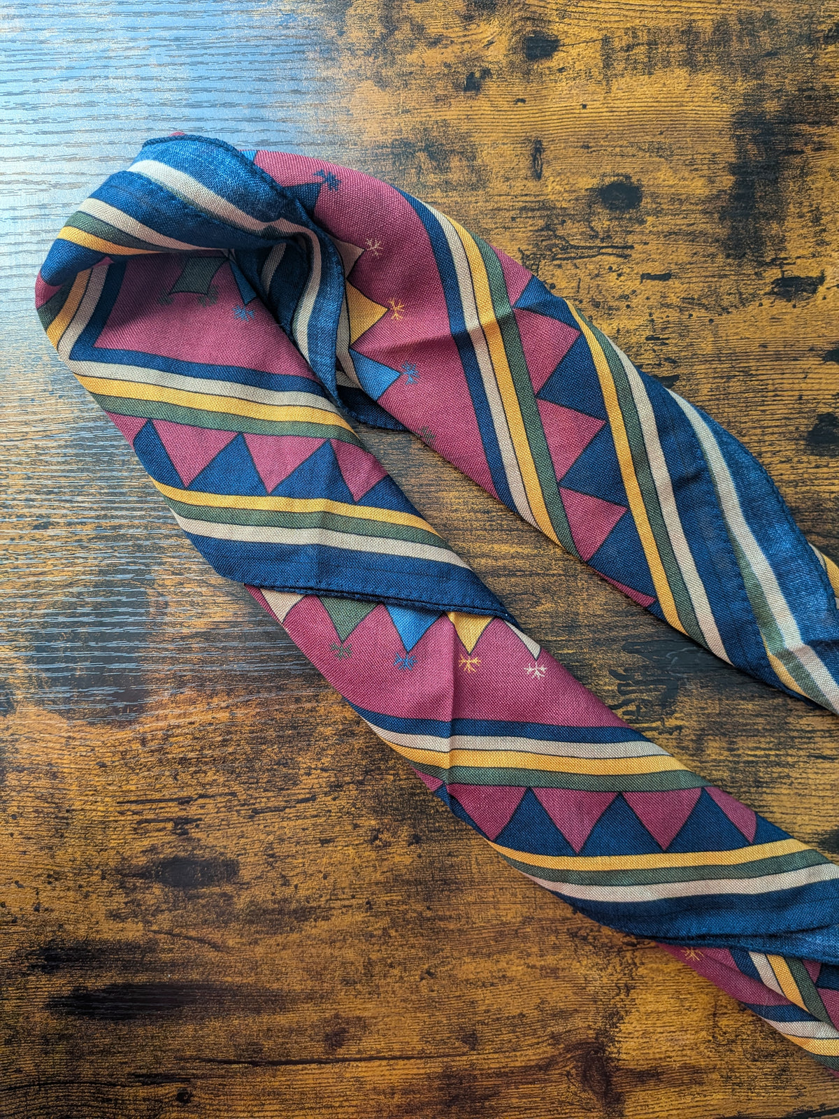 Drake's burgundy buddhist rider print wool silk bandana detail view 7