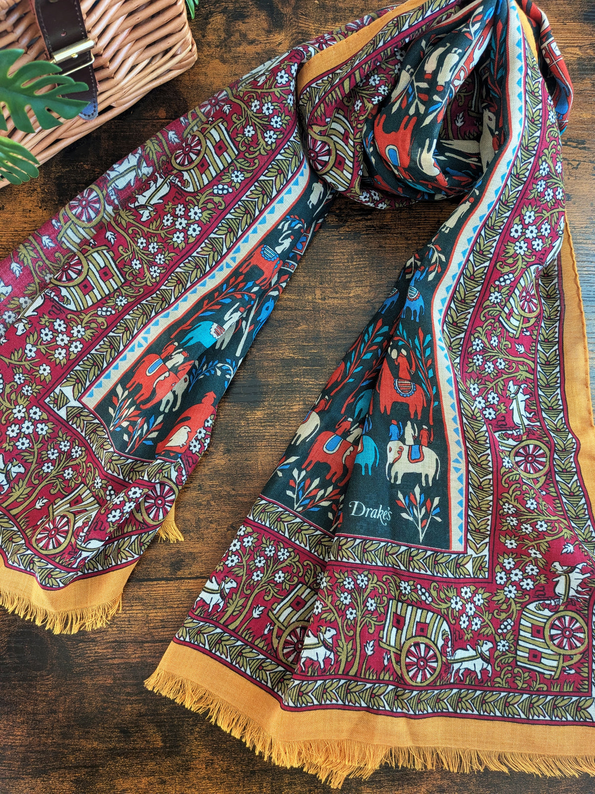 Drake's Burgundy Elephant Village Print Wool-Silk Scarf - image 1