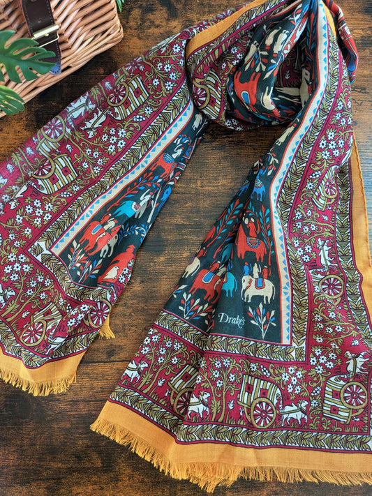 Drake's Burgundy Elephant Village Print Wool-Silk Scarf - image 1
