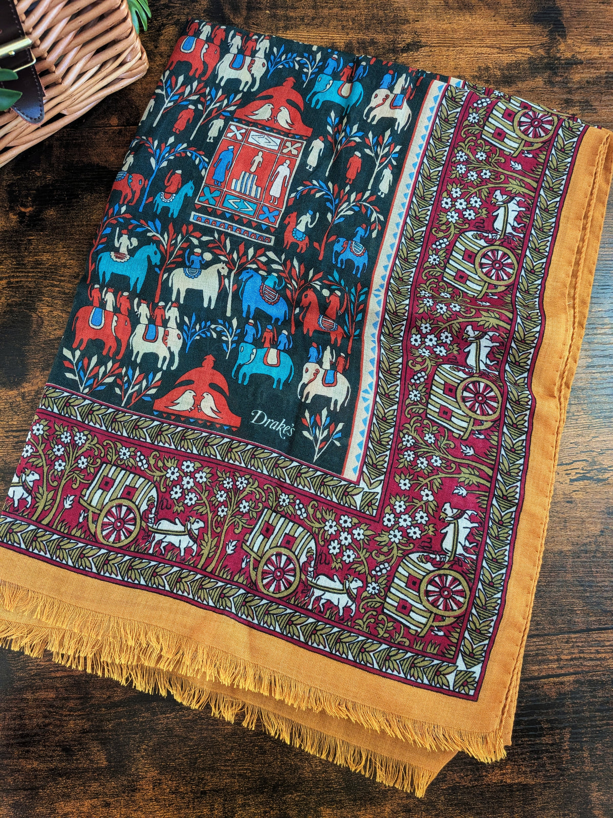 Drake's Burgundy Elephant Village Print Wool-Silk Scarf - image 2