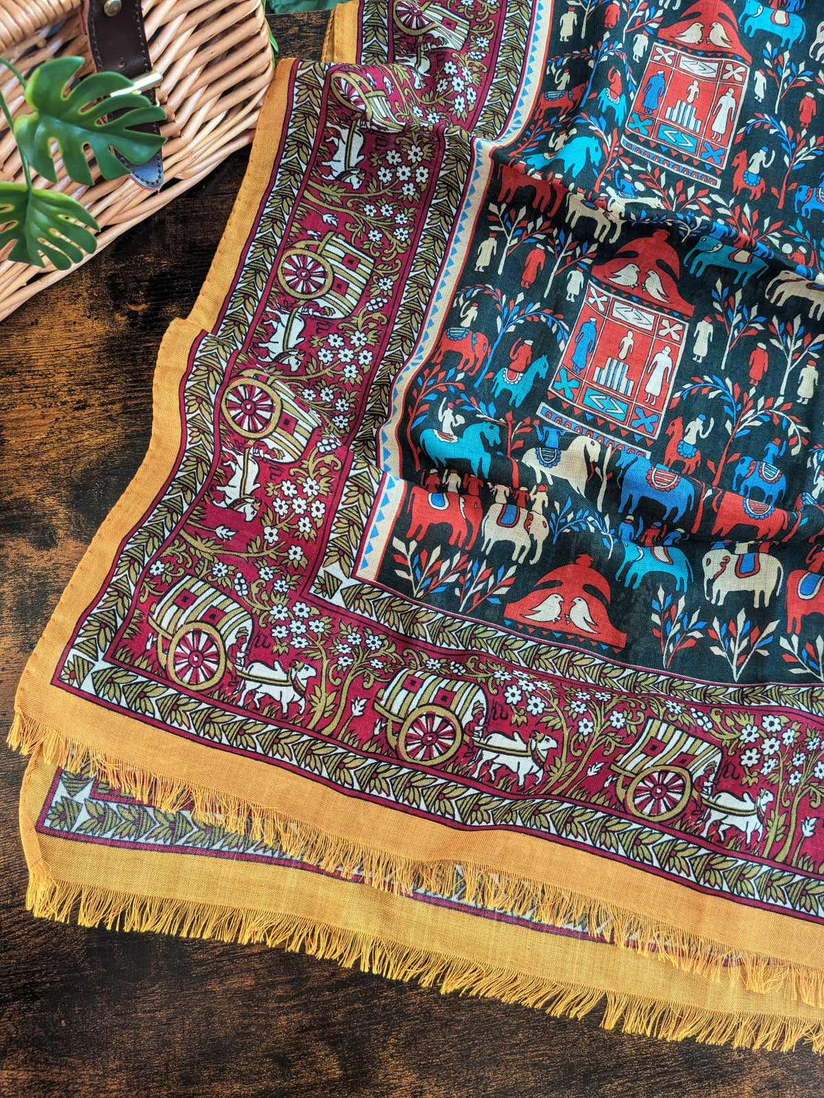 Drake's Burgundy Elephant Village Print Wool-Silk Scarf - image 4