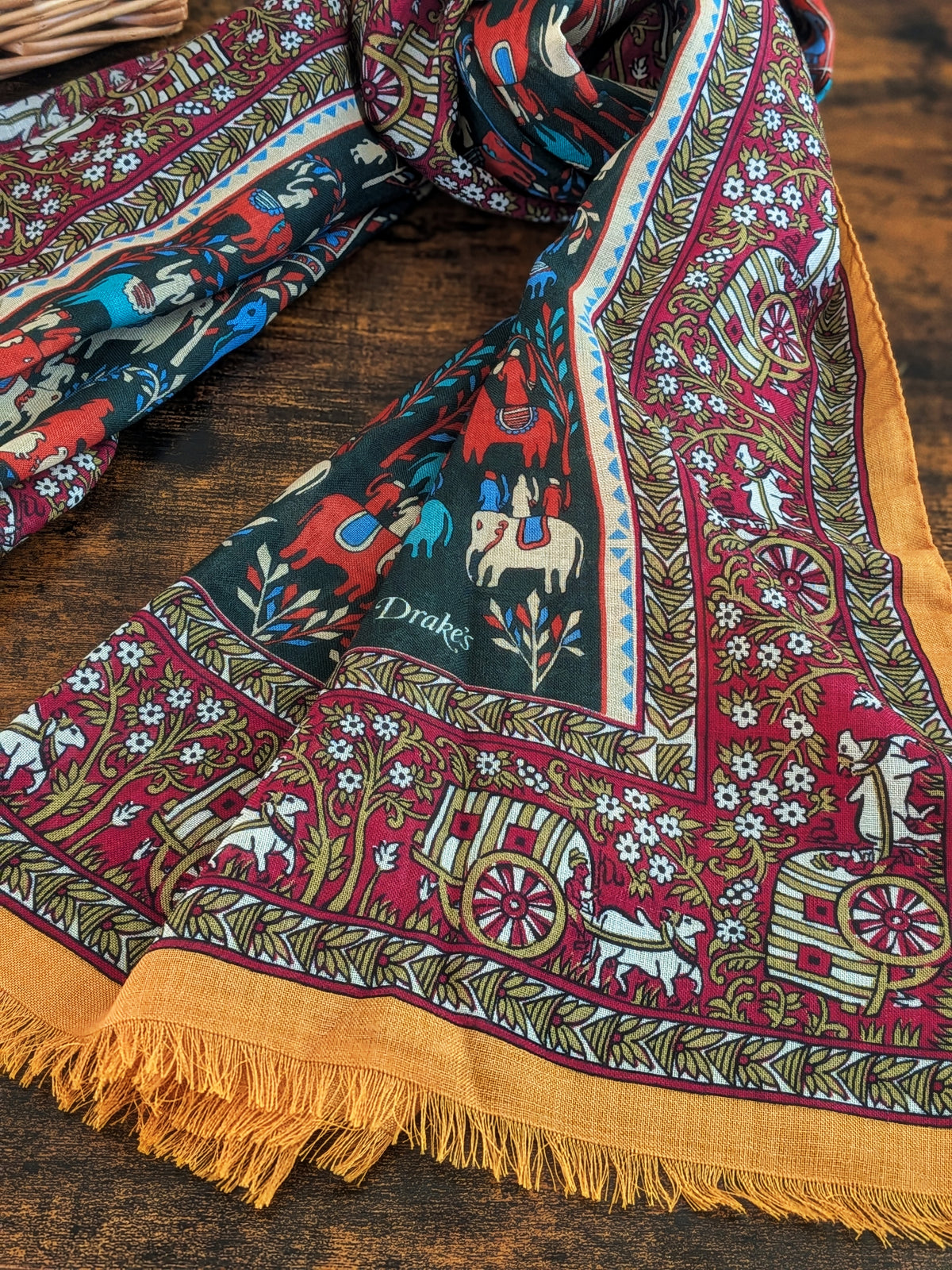 Drake's Burgundy Elephant Village Print Wool-Silk Scarf - image 5
