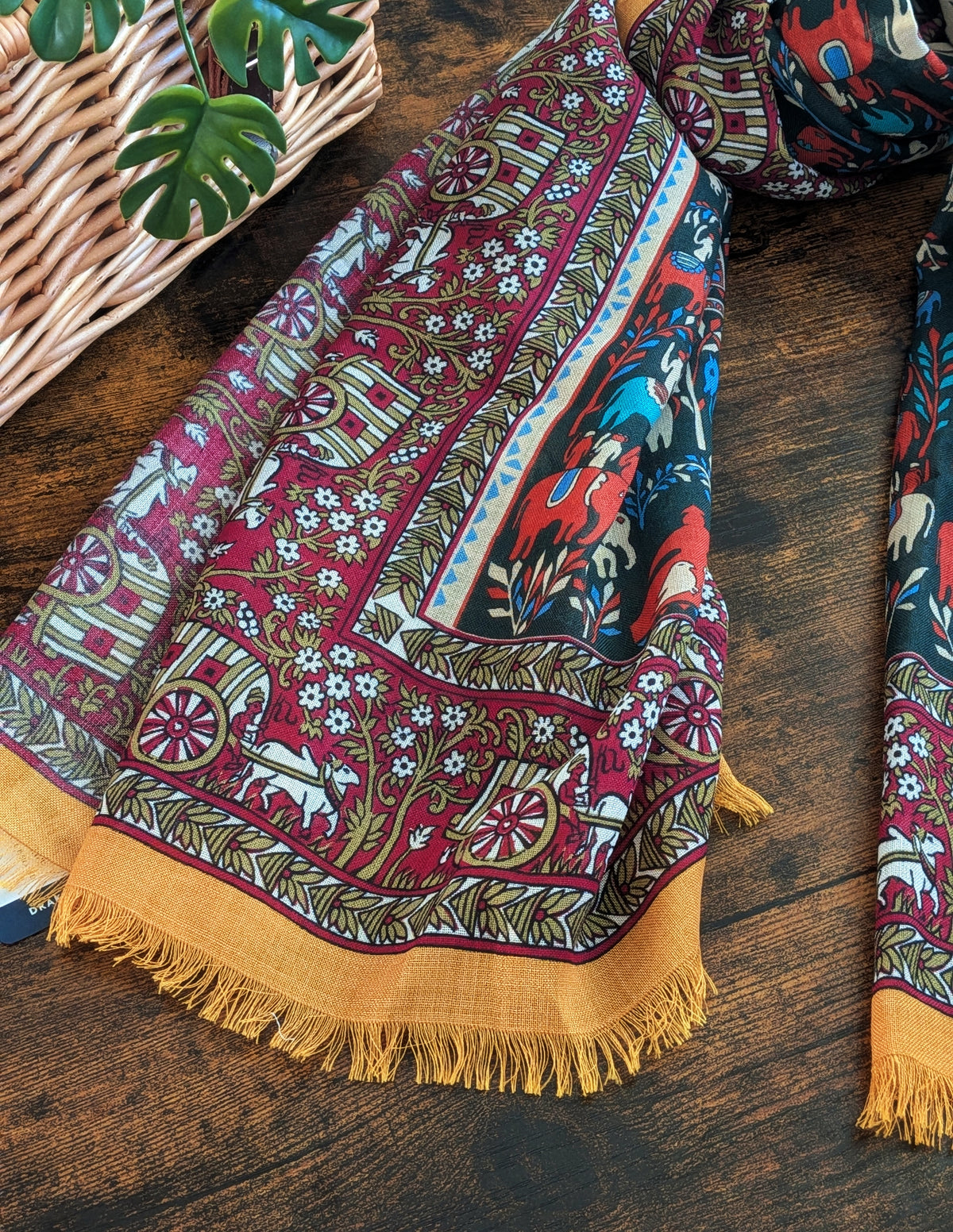 Drake's Burgundy Elephant Village Print Wool-Silk Scarf - image 6