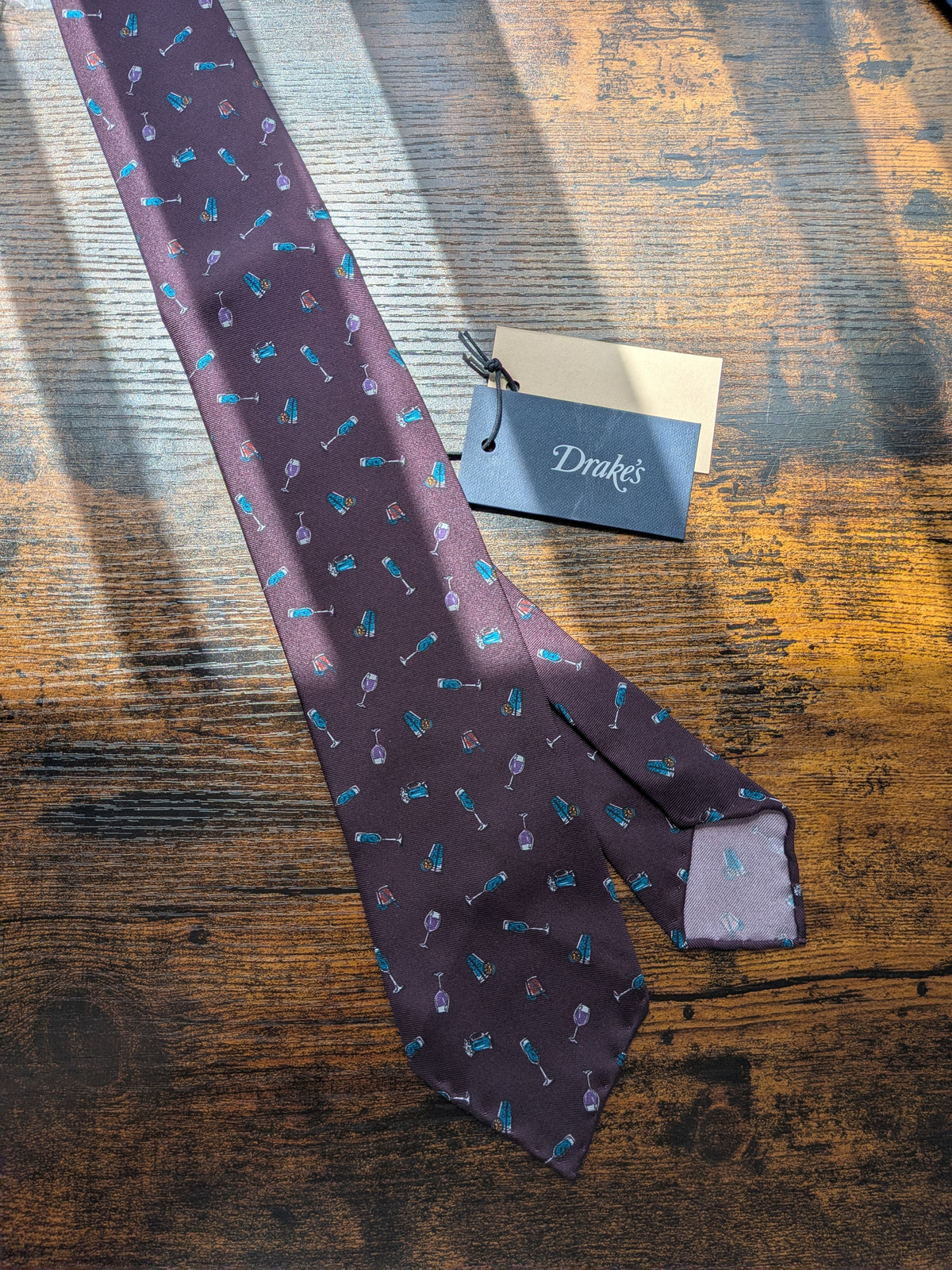 Drake's cocktail purple motif handmade silk tie product image