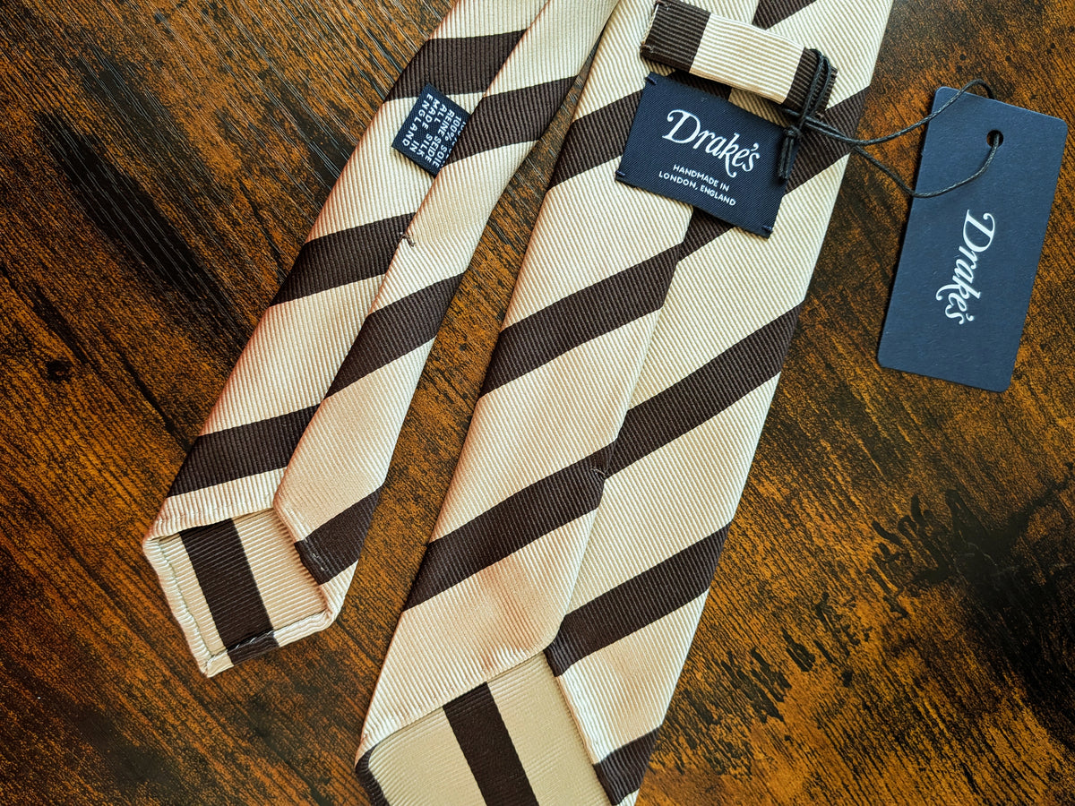 Drake's cream brown block striped handmade silk tie detail view 2