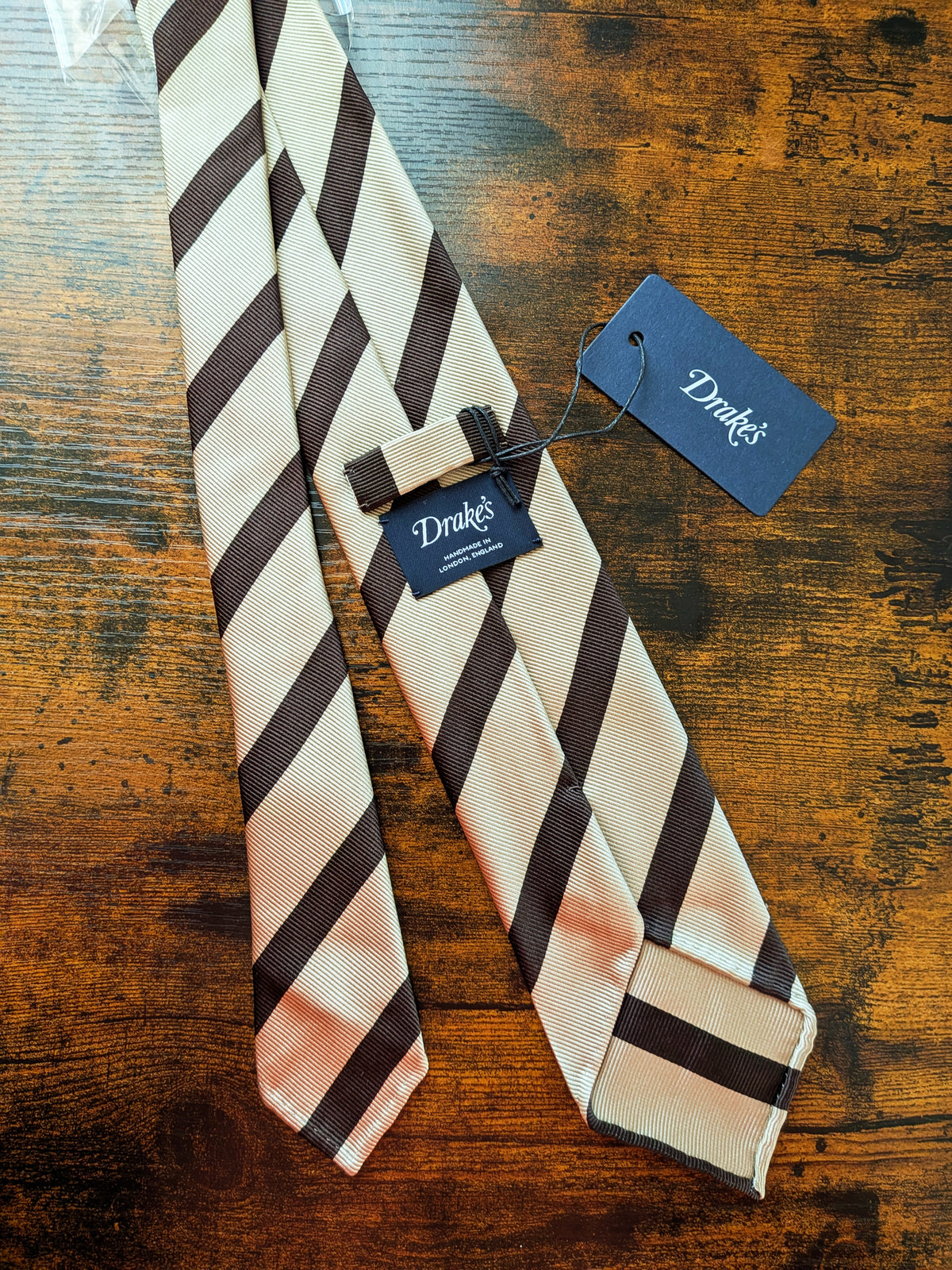 Drake's cream brown block striped handmade silk tie detail view 3