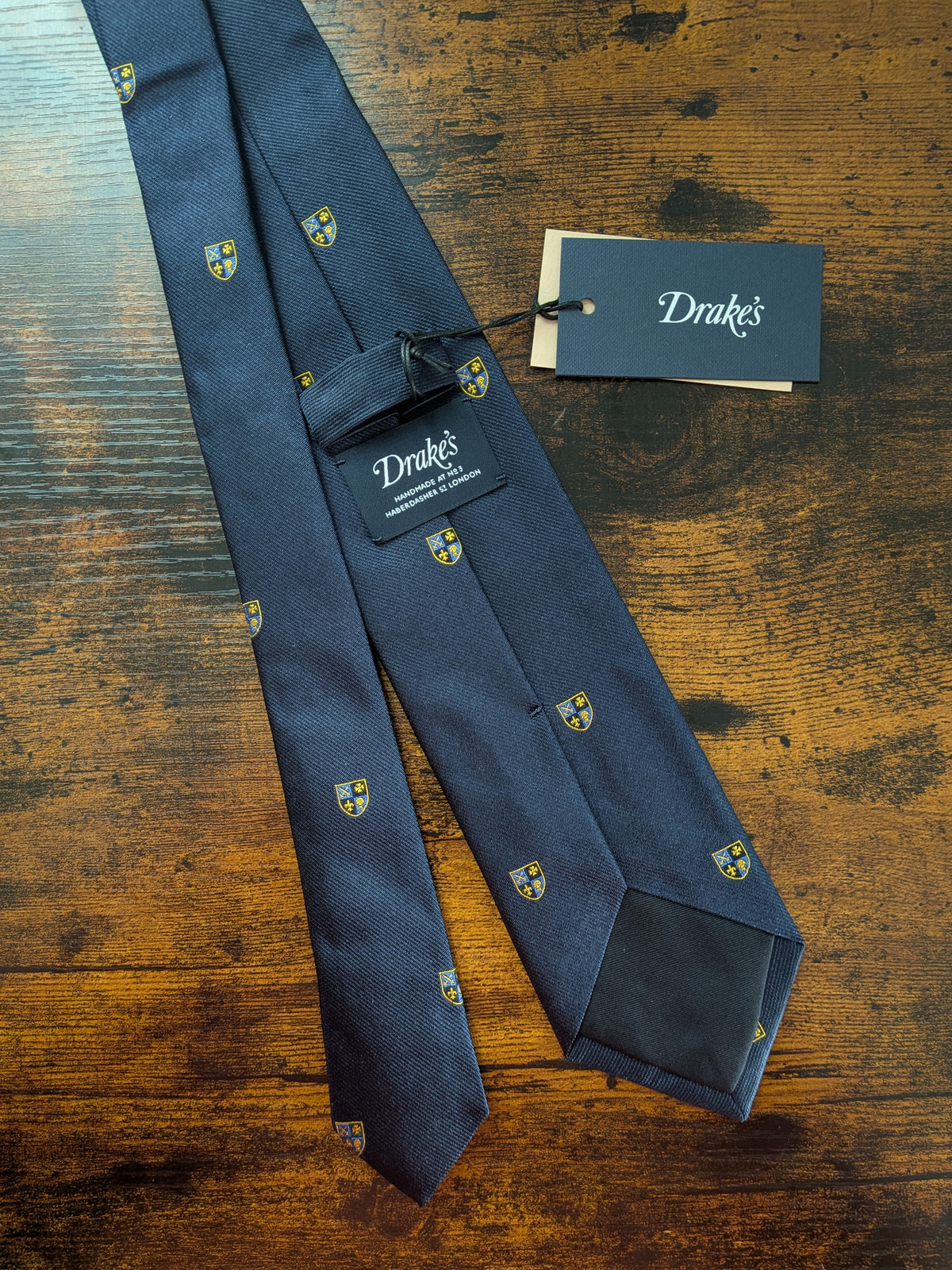 Drake's Crest Motif Handmade Tipped Silk Tie - image 2