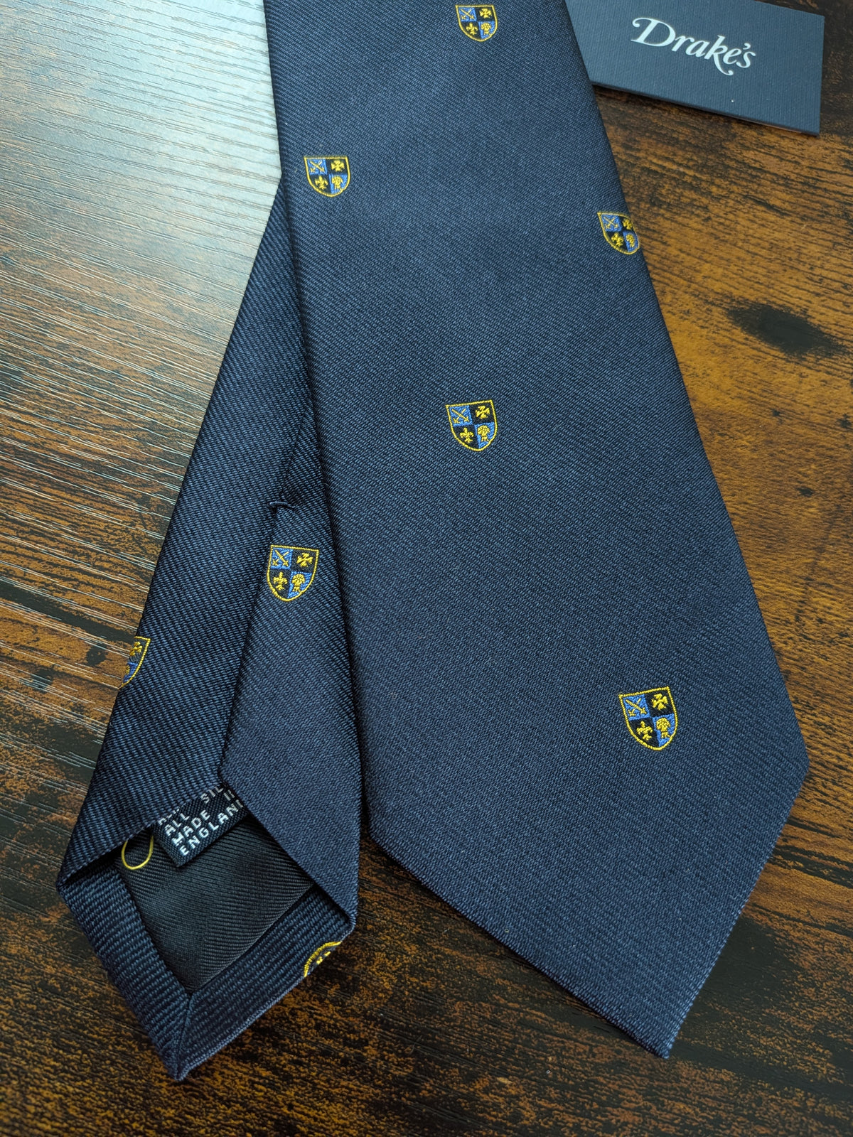 Drake's Crest Motif Handmade Tipped Silk Tie - image 3