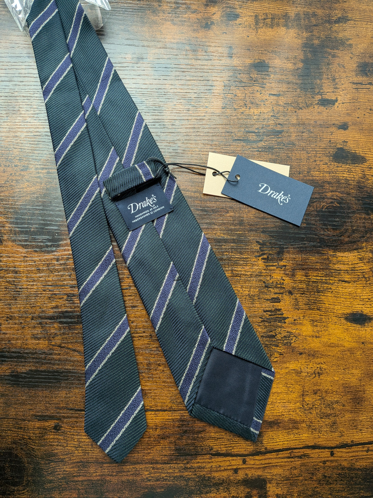 Drake's dark green royal blue striped handmade silk tie detail view 2