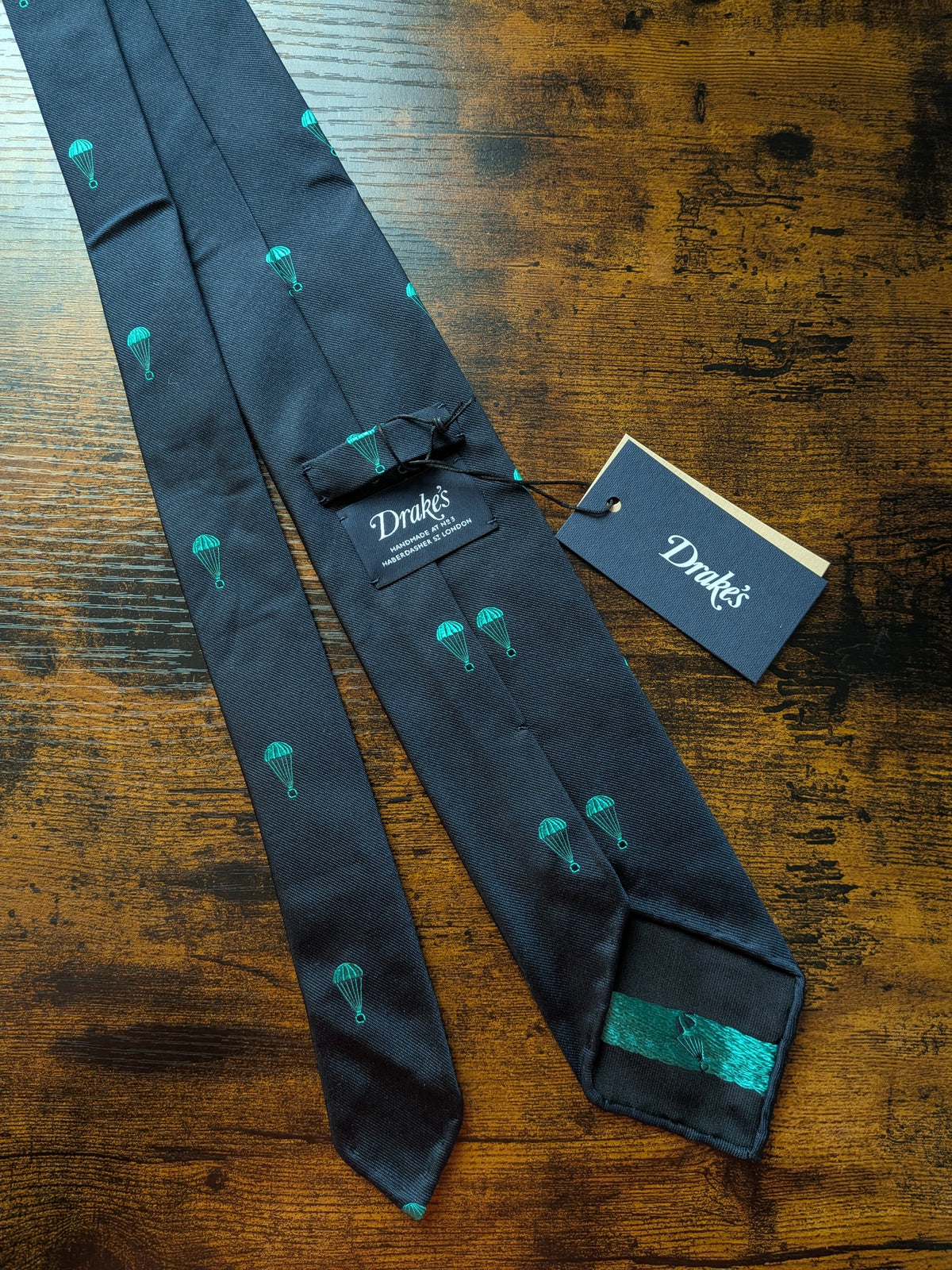 Drake's dark navy parachute motif handmade tipped silk tie detail view 2