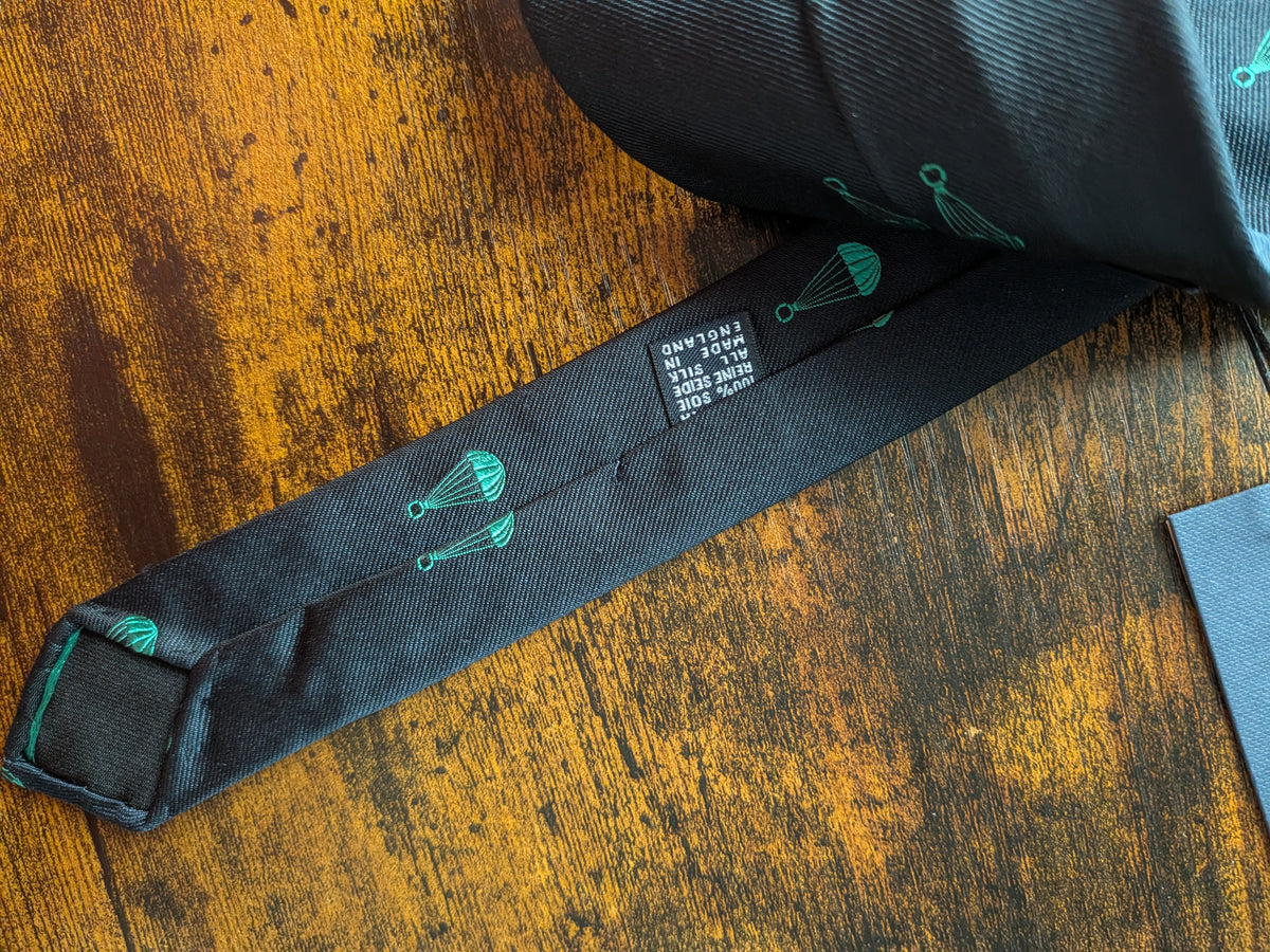 Drake's dark navy parachute motif handmade tipped silk tie detail view 3