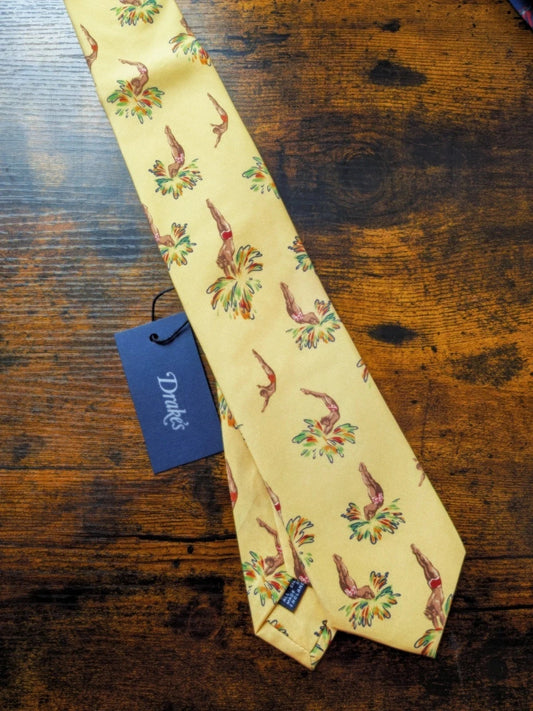 Drake's diving man sport motif silk tie handmade london uk product image