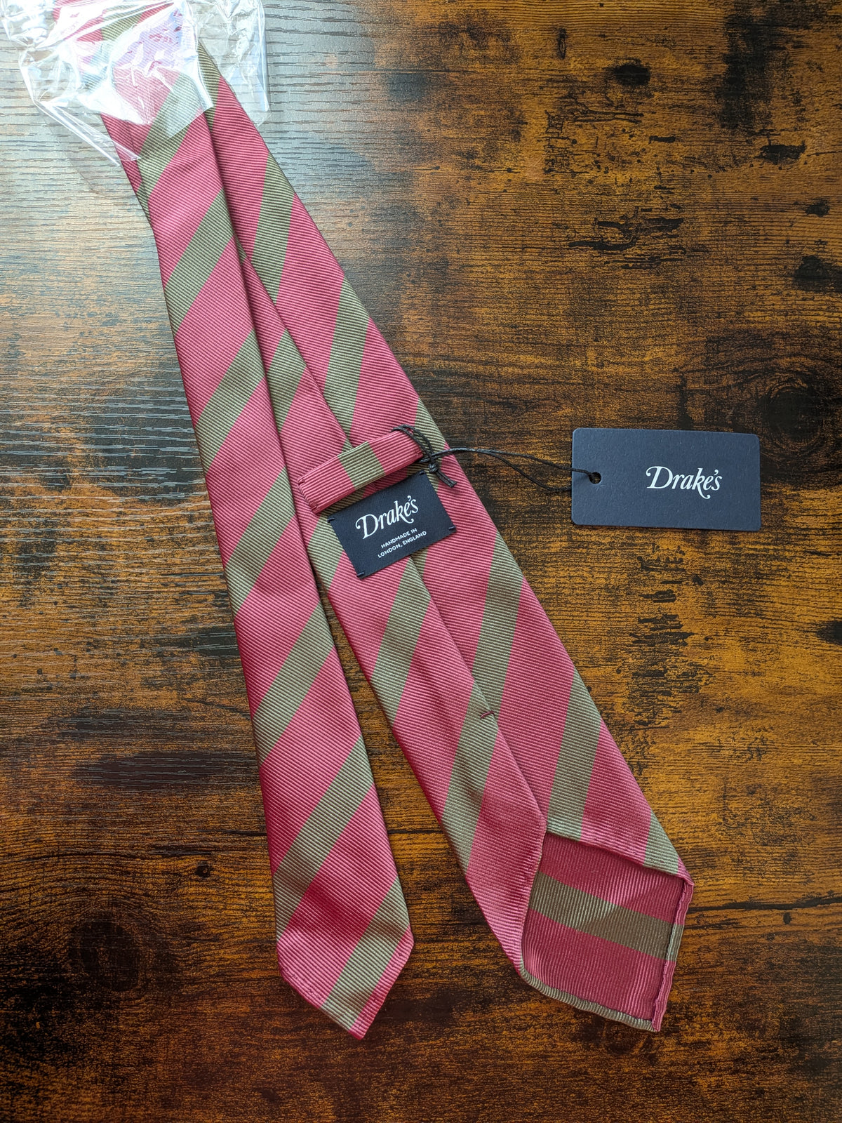 Drake's dusty rose taupe block striped handmade silk tie detail view 2