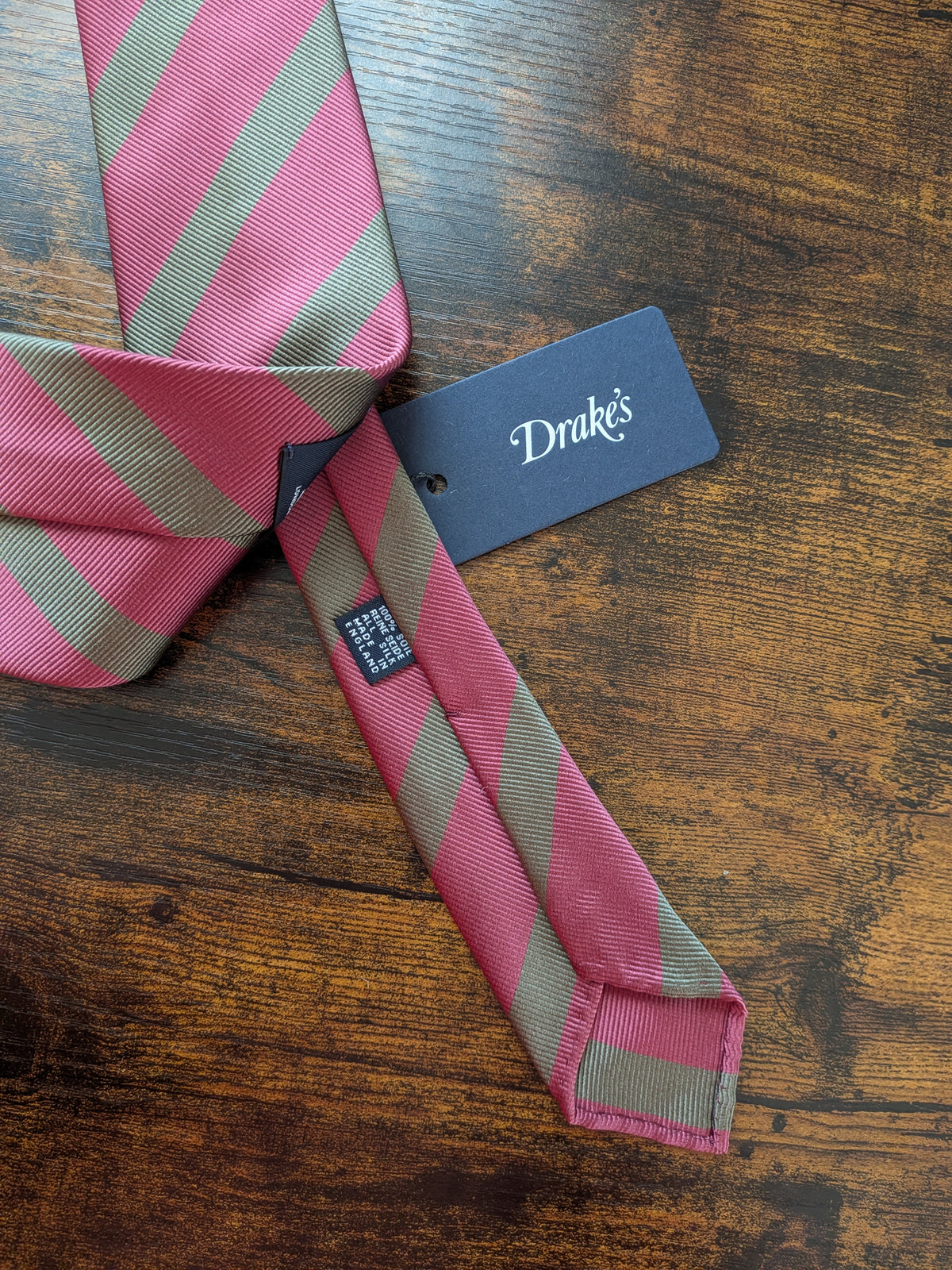 Drake's dusty rose taupe block striped handmade silk tie detail view 3