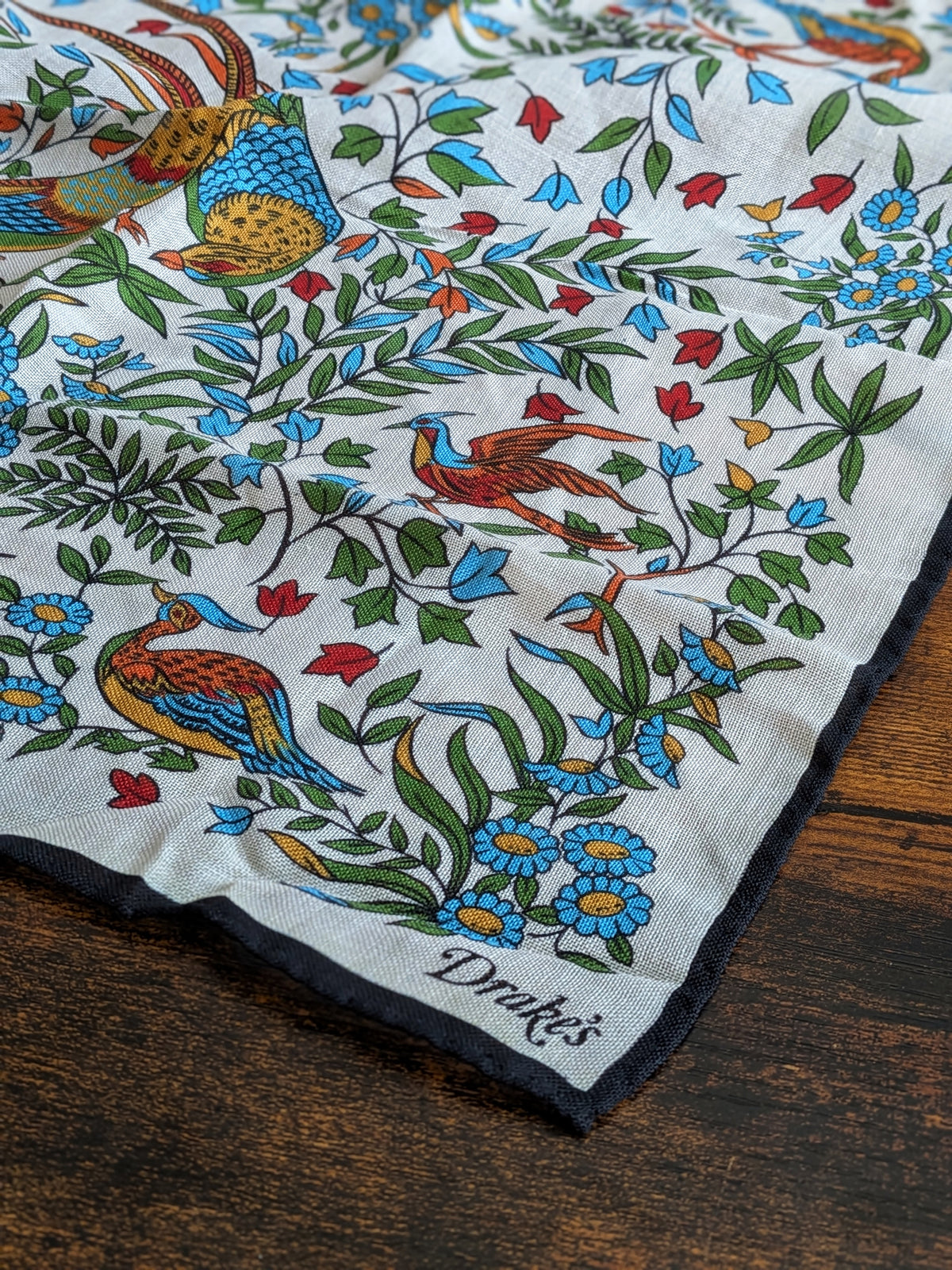 Drake's Ecru Birds of Paradise Print Wool-Silk Pocket Square - image 1