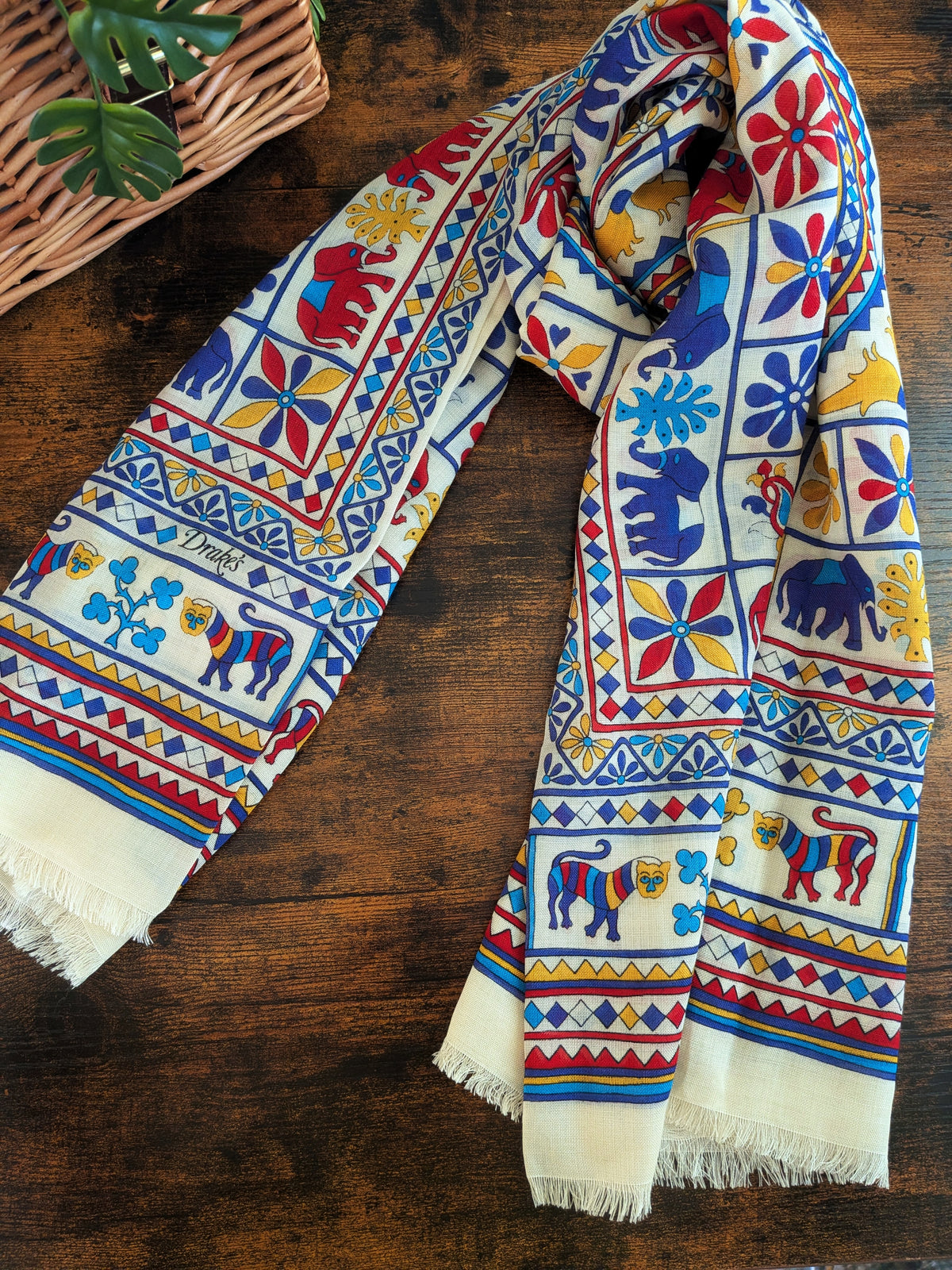Drake's Ecru Elephants and Flowers Print Wool-Silk Scarf - image 1