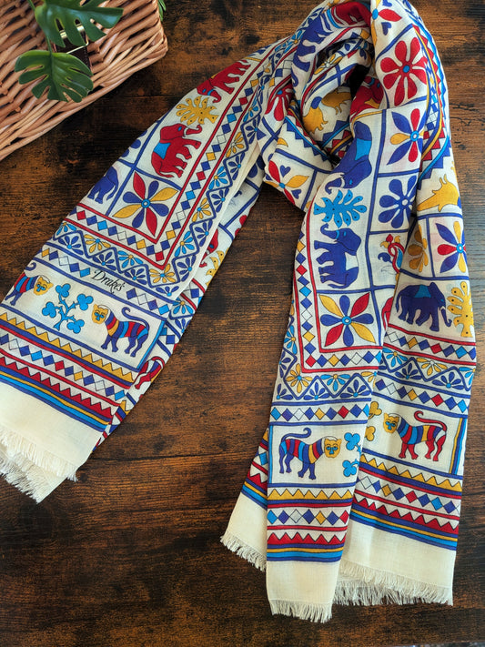 Drake's Ecru Elephants and Flowers Print Wool-Silk Scarf - image 1