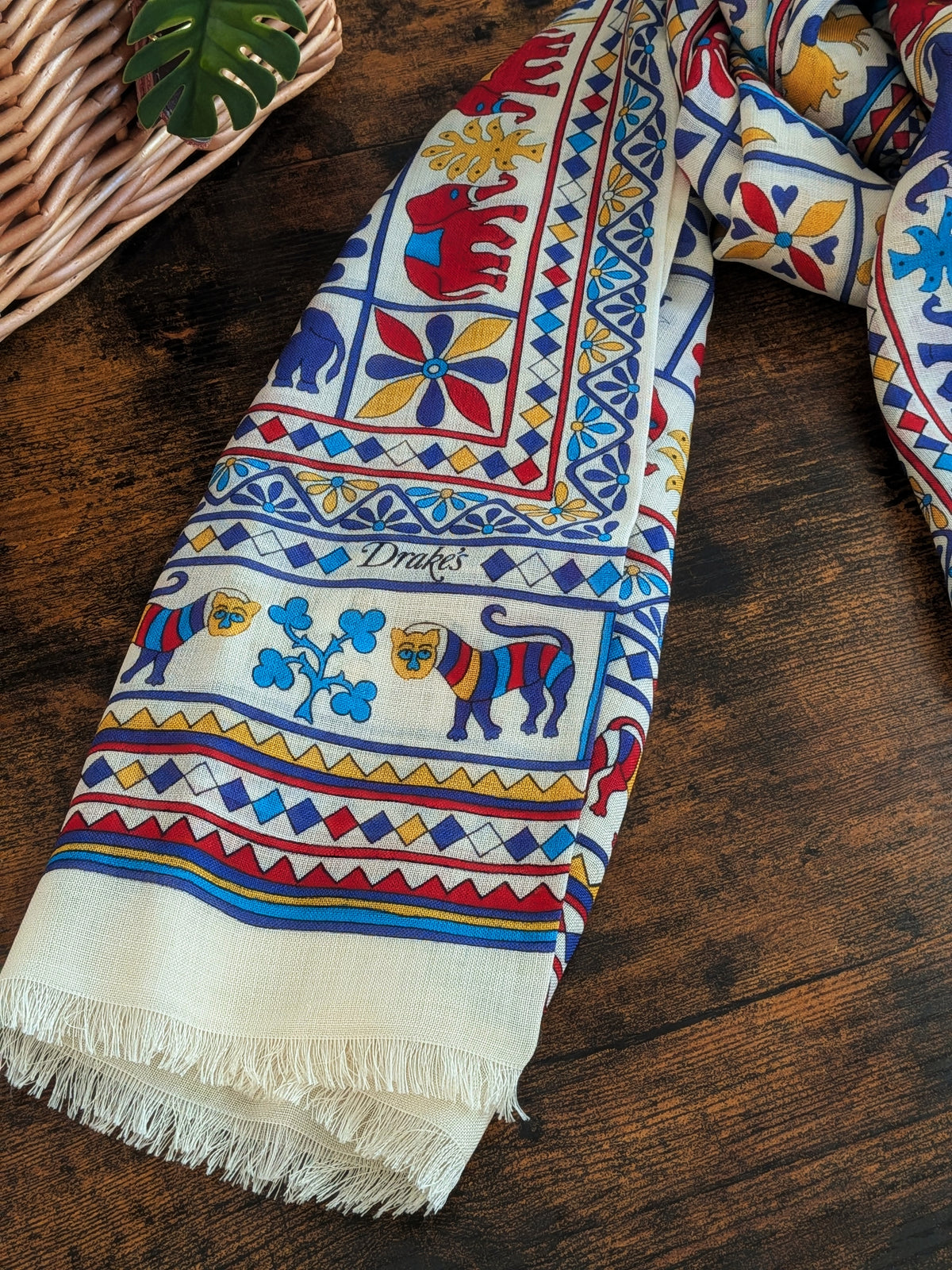 Drake's Ecru Elephants and Flowers Print Wool-Silk Scarf - image 3