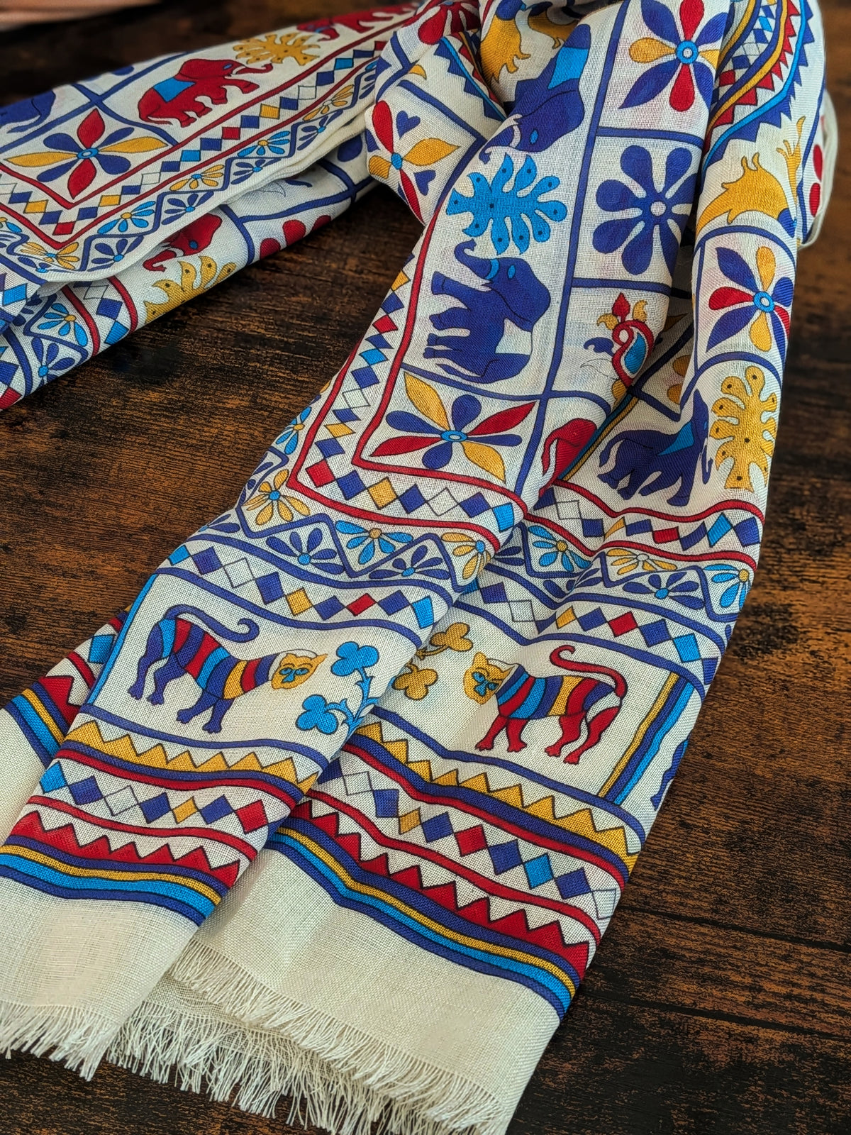 Drake's Ecru Elephants and Flowers Print Wool-Silk Scarf - image 4