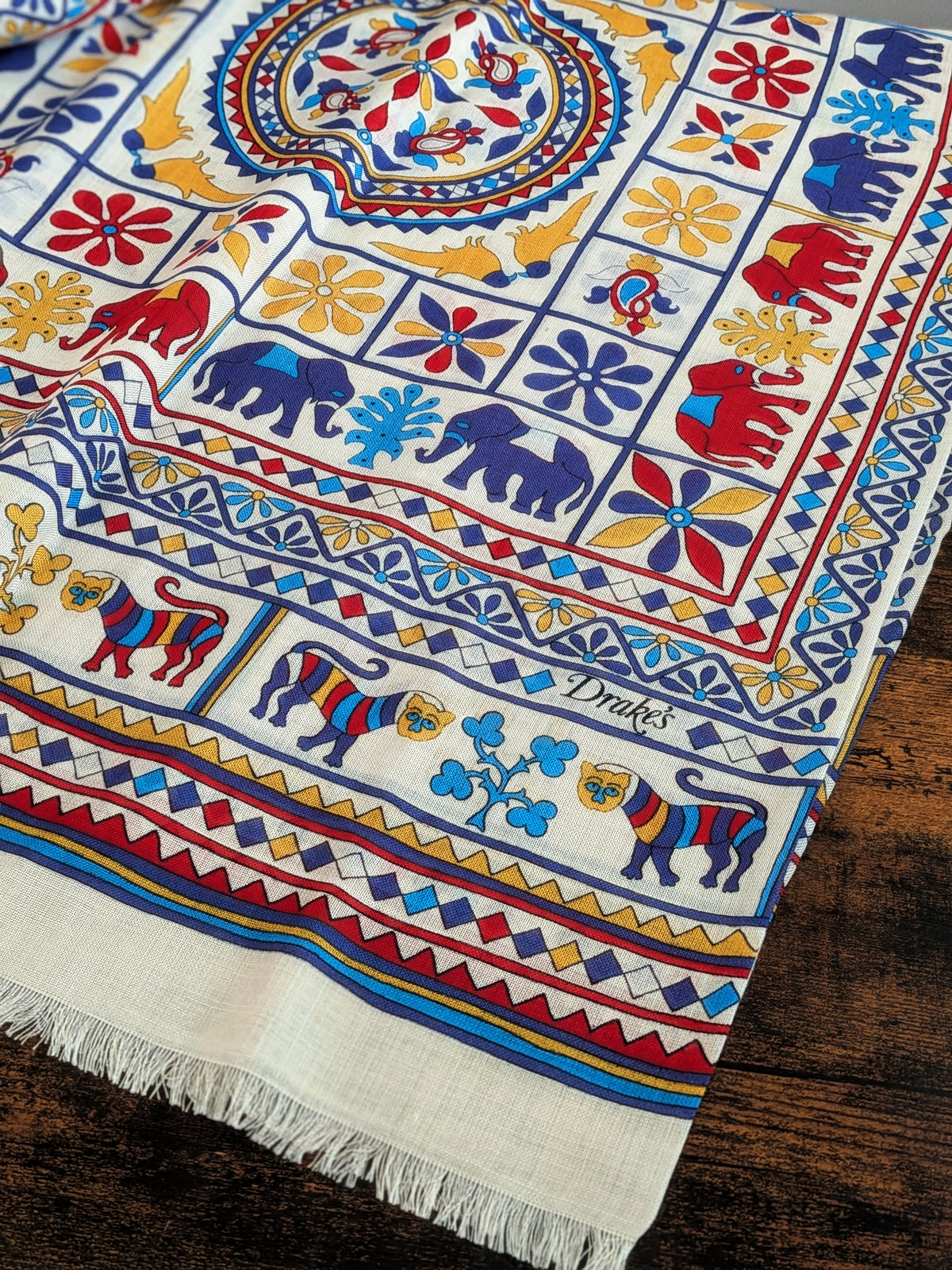 Drake's Ecru Elephants and Flowers Print Wool-Silk Scarf - image 6