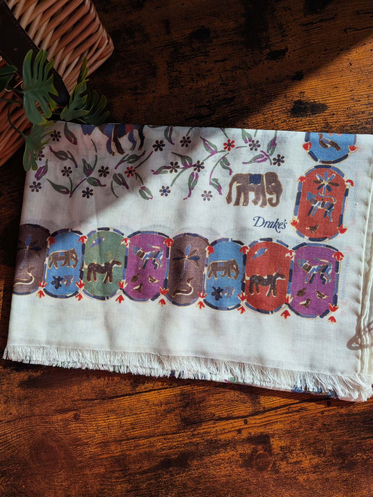 Drake's Ecru Elephants and Flowers Print Wool-Silk Scarf - image 1