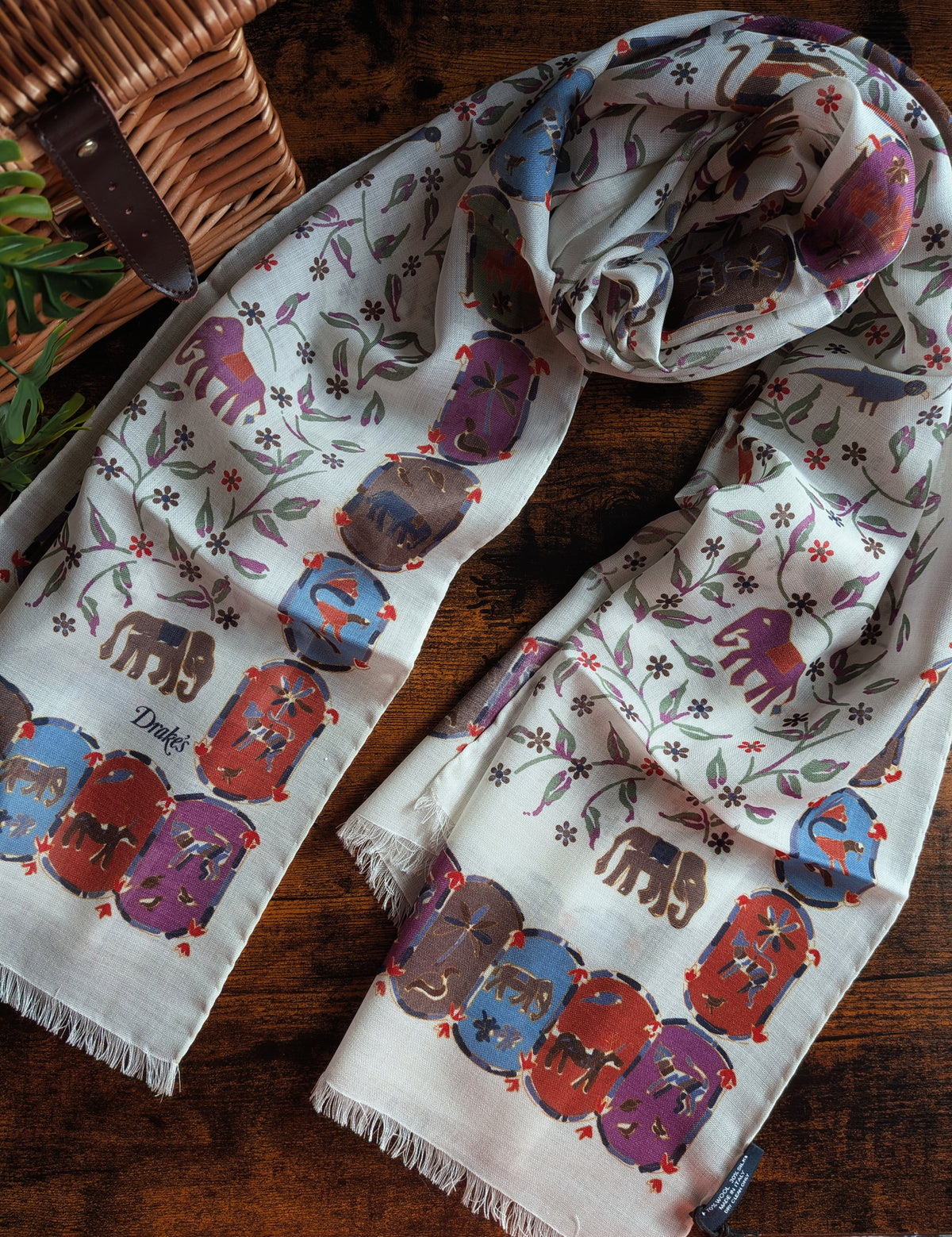 Drake's Ecru Elephants and Flowers Print Wool-Silk Scarf - image 2