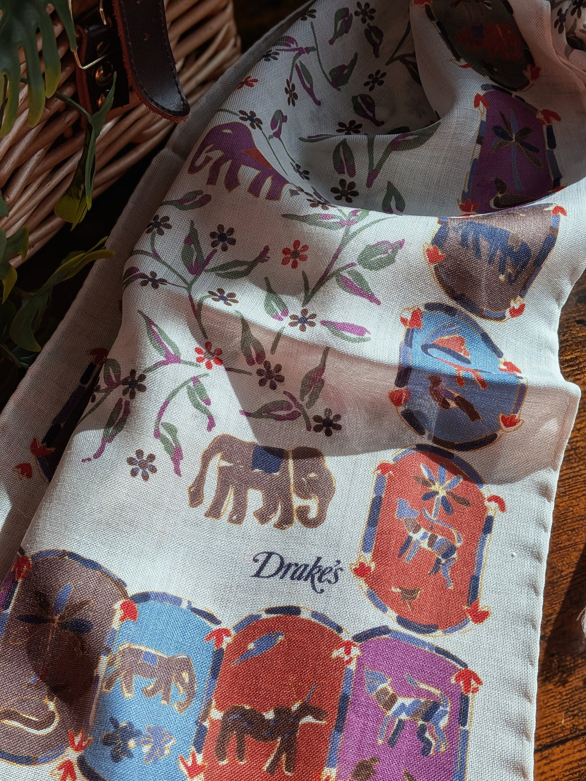 Drake's Ecru Elephants and Flowers Print Wool-Silk Scarf - image 3