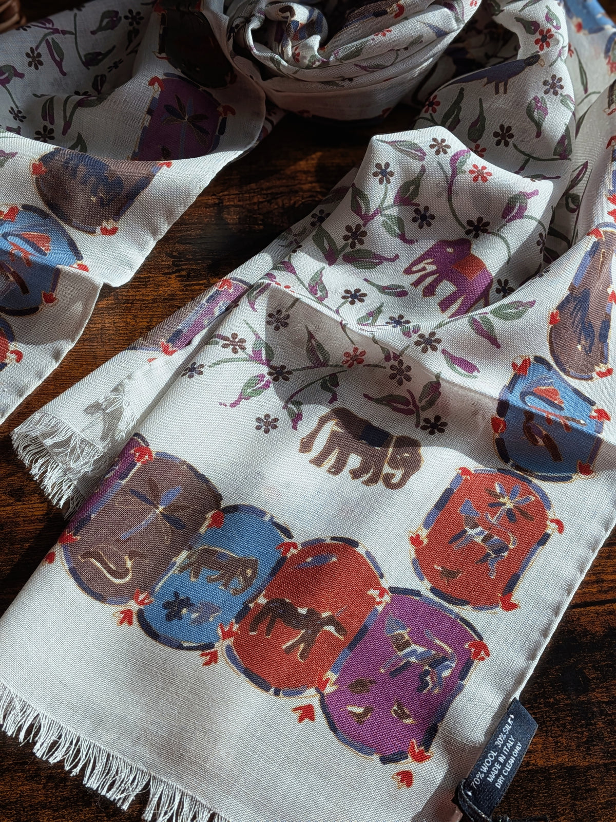 Drake's Ecru Elephants and Flowers Print Wool-Silk Scarf - image 4