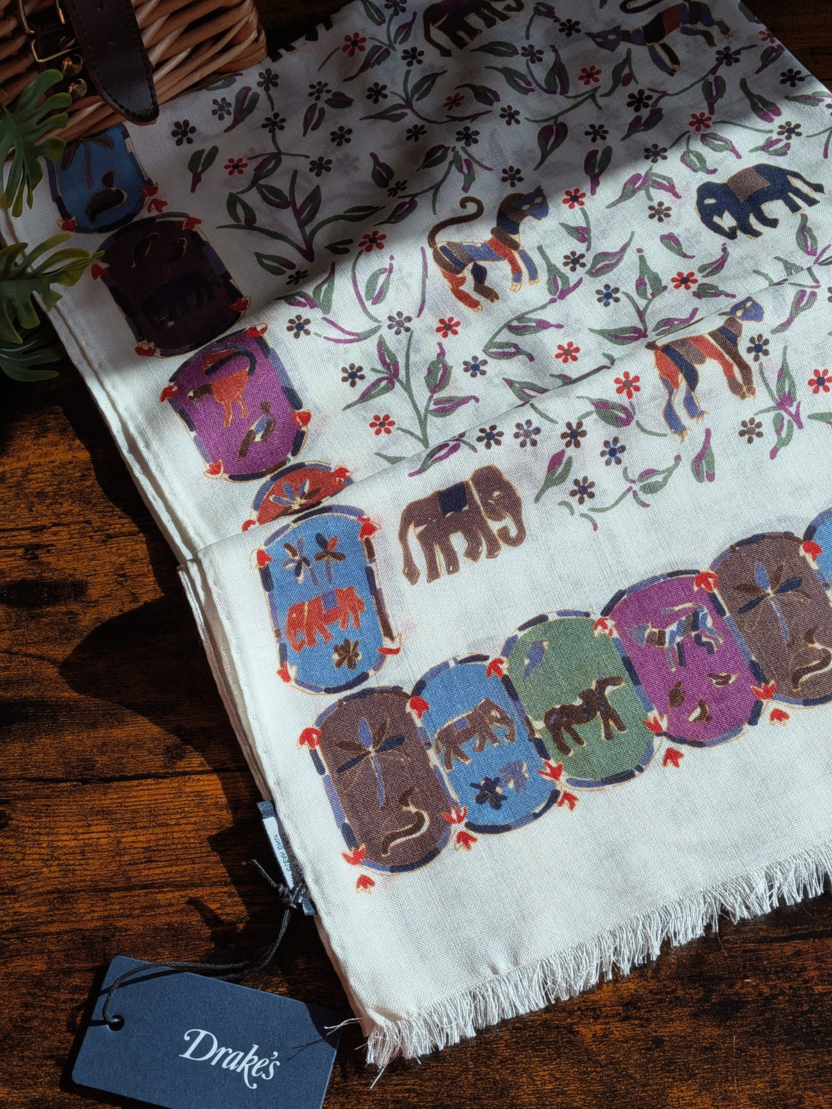 Drake's Ecru Elephants and Flowers Print Wool-Silk Scarf - image 6