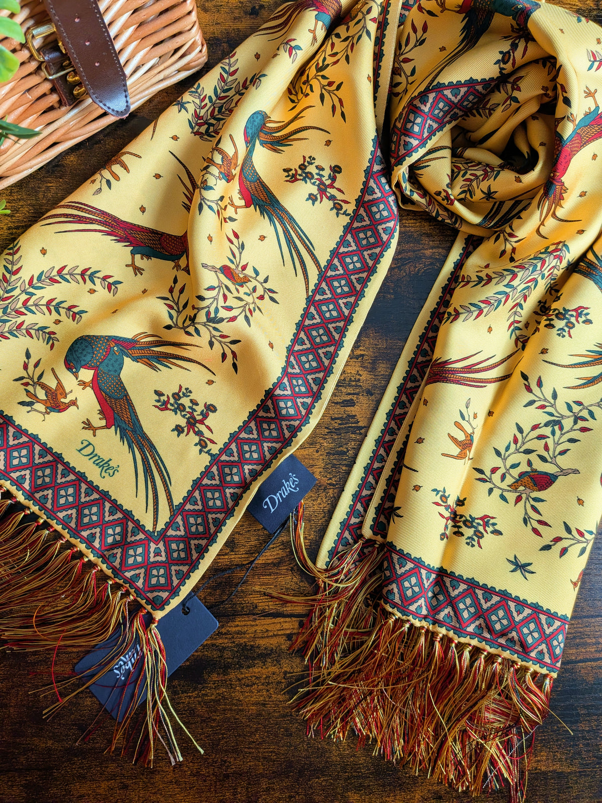 Drake's Gold Birds of Paradise Print Tubular Silk Tasselled Scarf - image 1