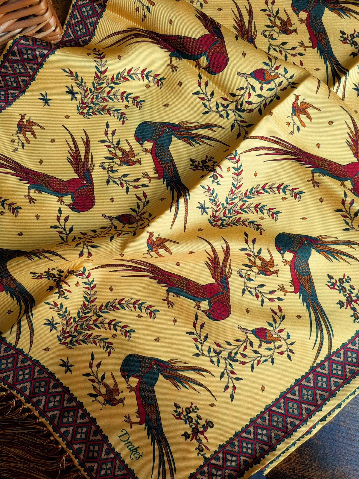 Drake's Gold Birds of Paradise Print Tubular Silk Tasselled Scarf - image 2