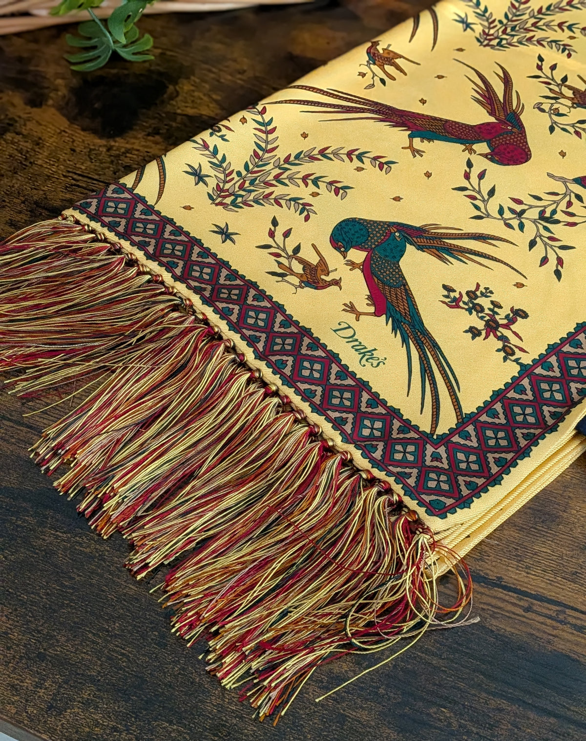 Drake's Gold Birds of Paradise Print Tubular Silk Tasselled Scarf - image 3
