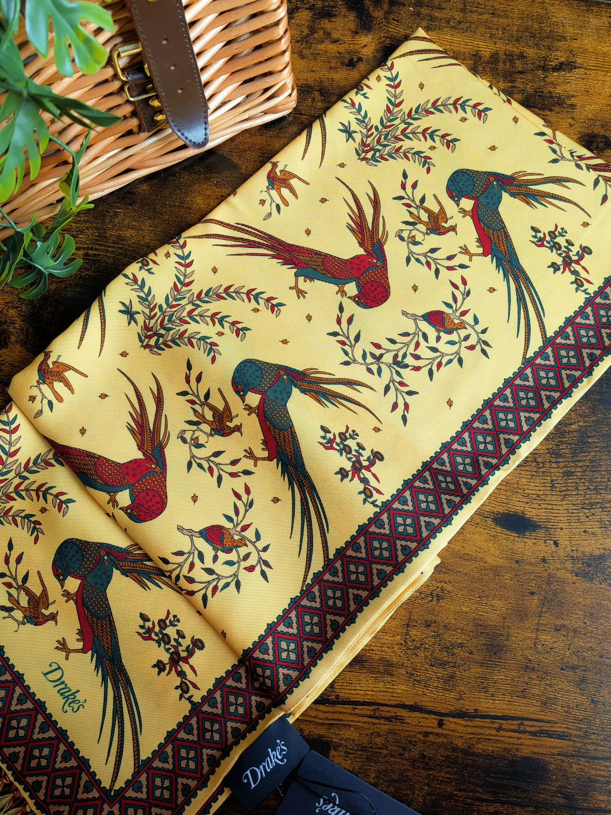 Drake's Gold Birds of Paradise Print Tubular Silk Tasselled Scarf - image 4