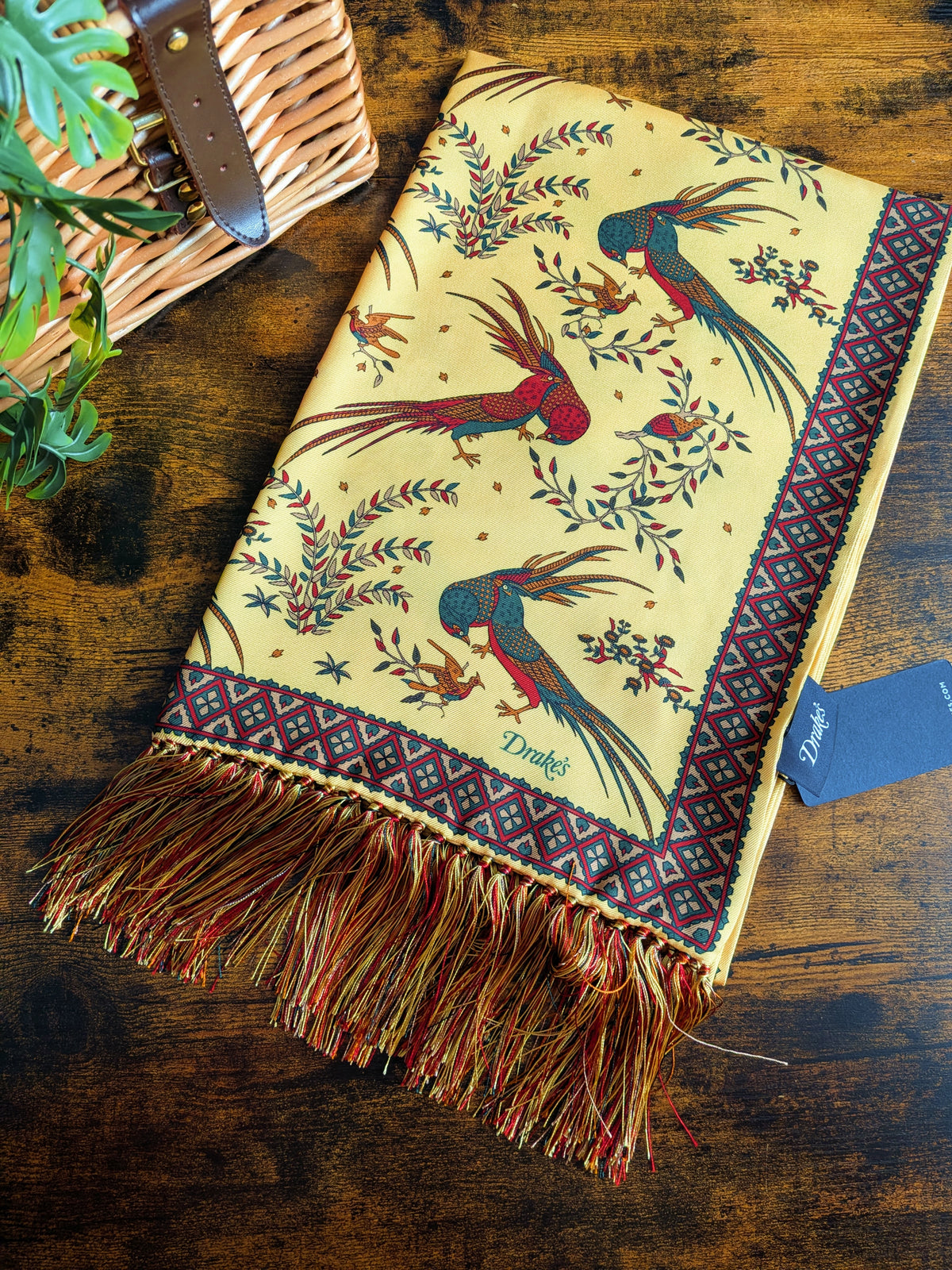 Drake's Gold Birds of Paradise Print Tubular Silk Tasselled Scarf - image 5