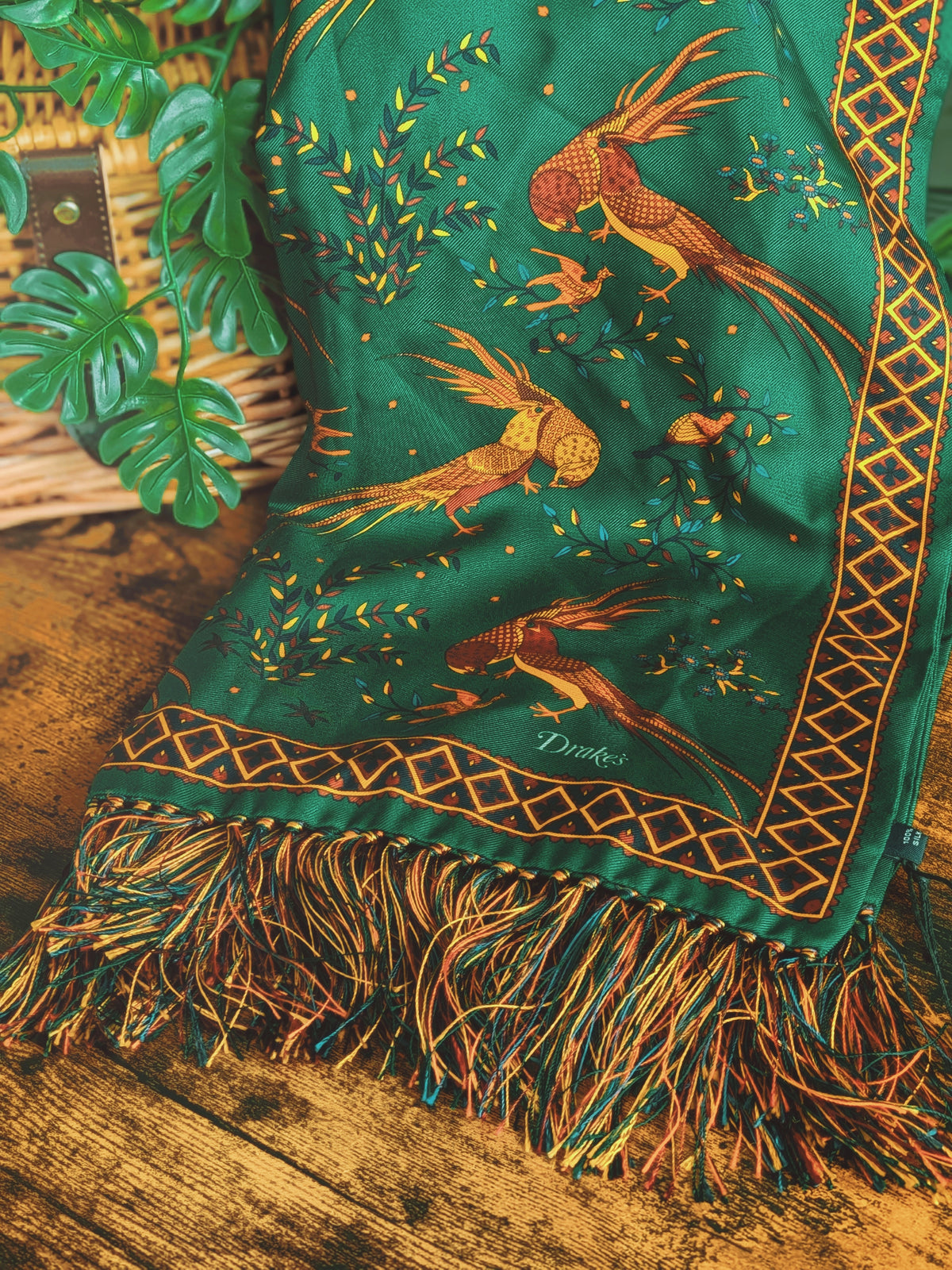 Drake's Green Birds of Paradise Print Tubular Silk Tasselled Scarf - image 1