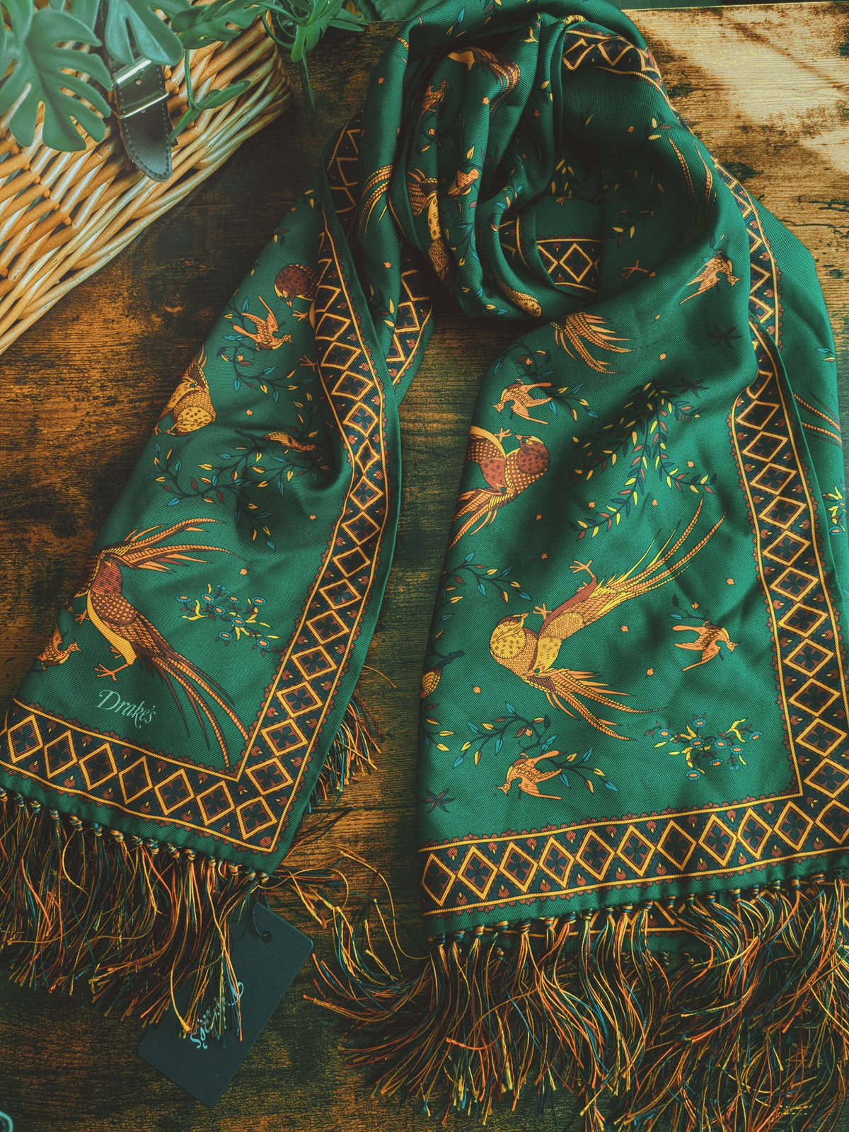 Drake's Green Birds of Paradise Print Tubular Silk Tasselled Scarf - image 2
